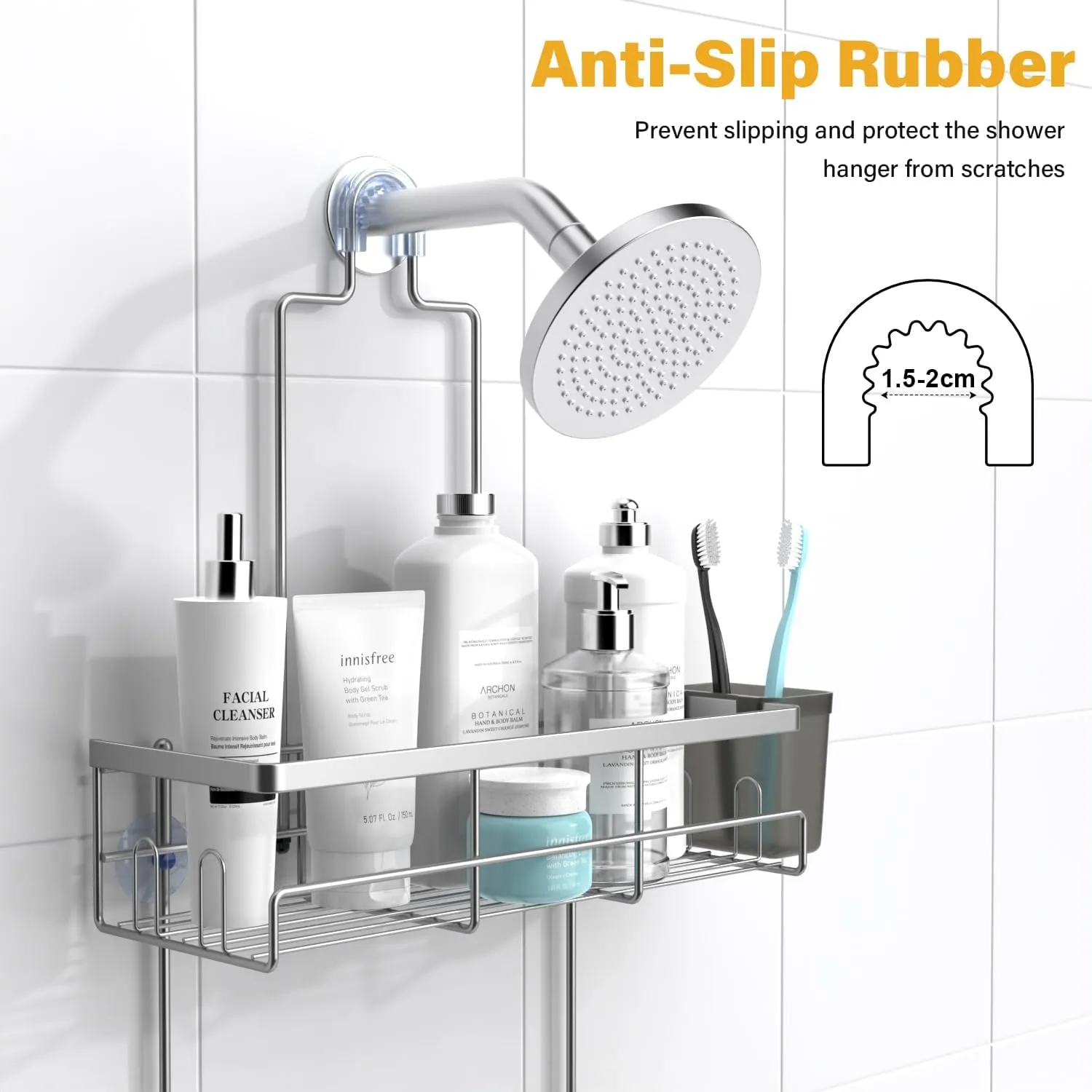 Shower Caddy Hanging Bathroom Organizer: Rustproof Shelf - No Drilling, Over Showerhead - Silver Shower Shelves Rack for Shampoo, Soap