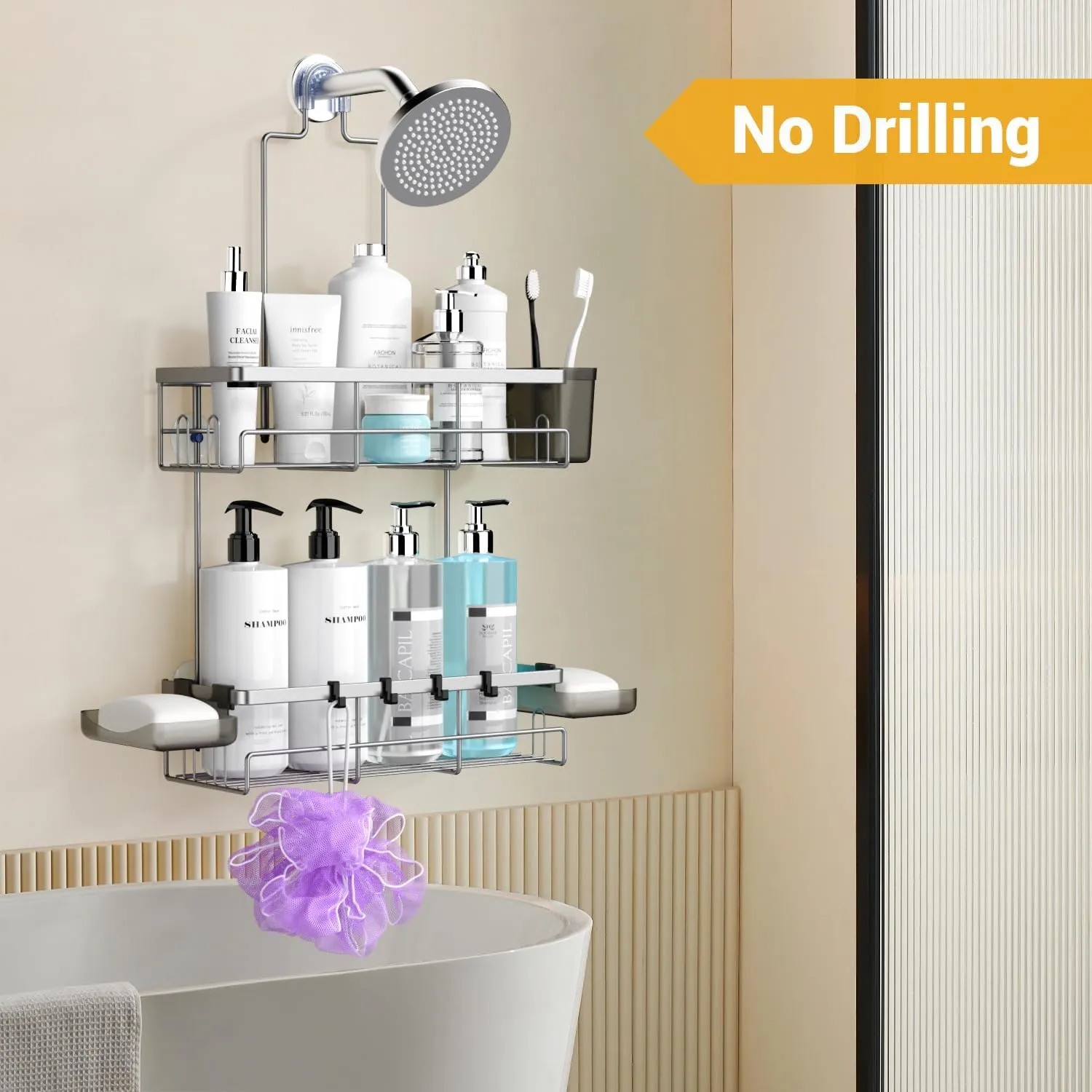 Shower Caddy Hanging Bathroom Organizer: Rustproof Shelf - No Drilling, Over Showerhead - Silver Shower Shelves Rack for Shampoo, Soap