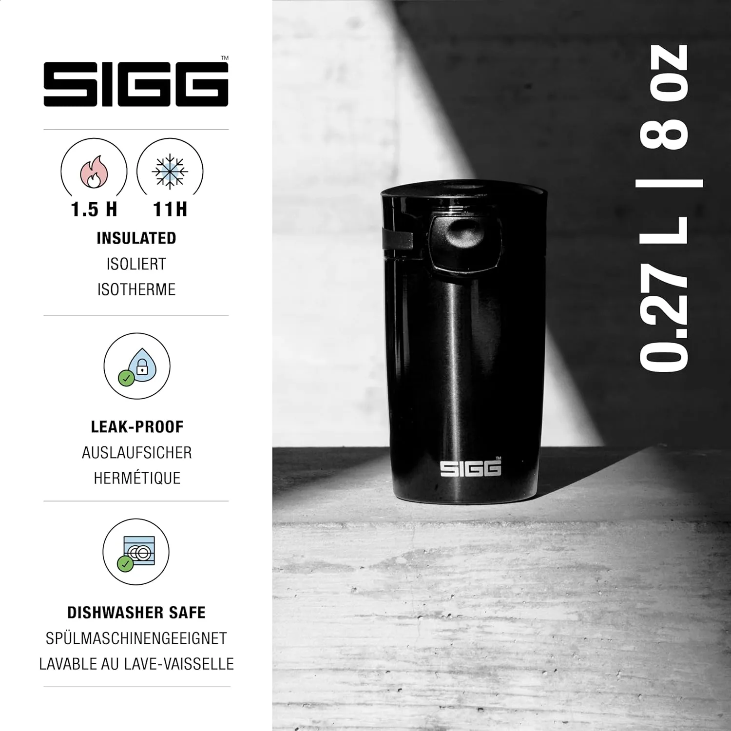 SIGG - Insulated Coffee Cup - Travel Mug Black - Hot & Cold. Leakproof. BPA Free - 18/8 Stainless Steel - 9 Oz