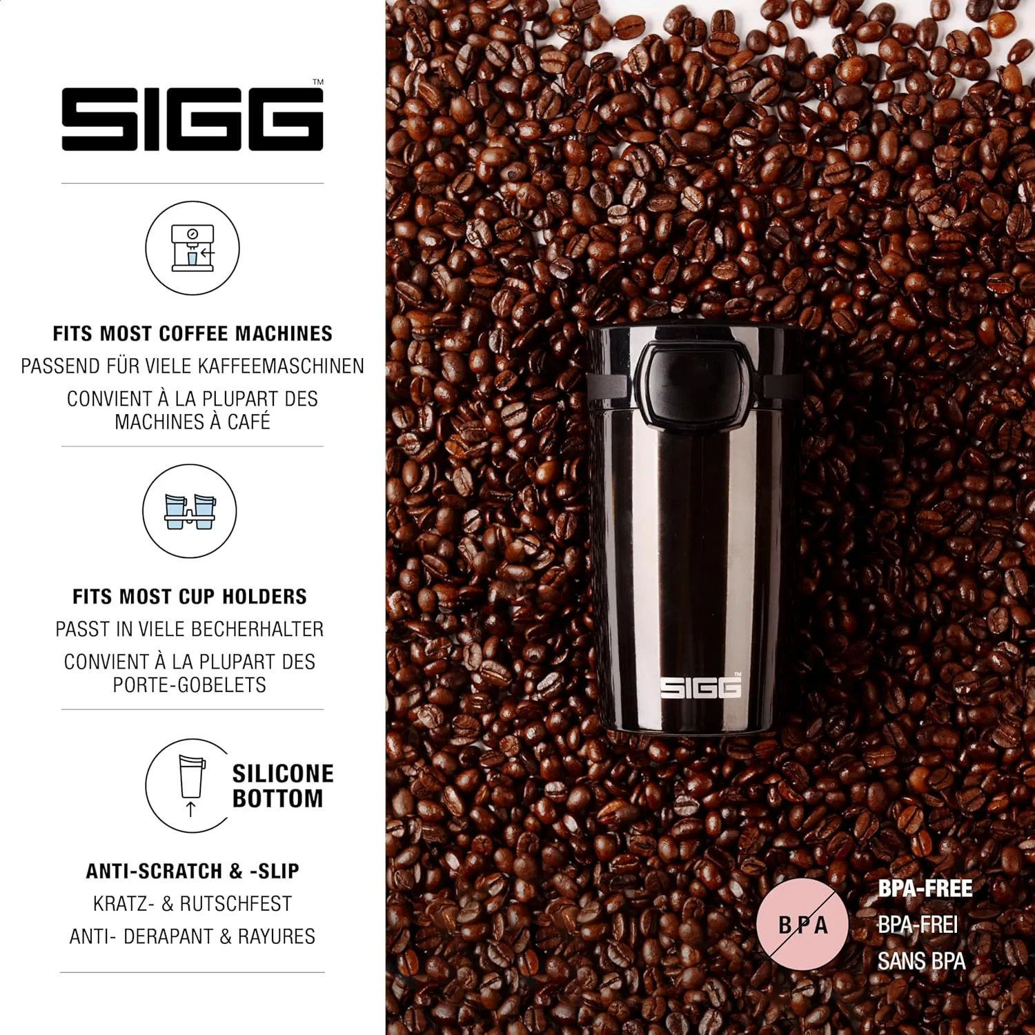 SIGG - Insulated Coffee Cup - Travel Mug Black - Hot & Cold. Leakproof. BPA Free - 18/8 Stainless Steel - 9 Oz