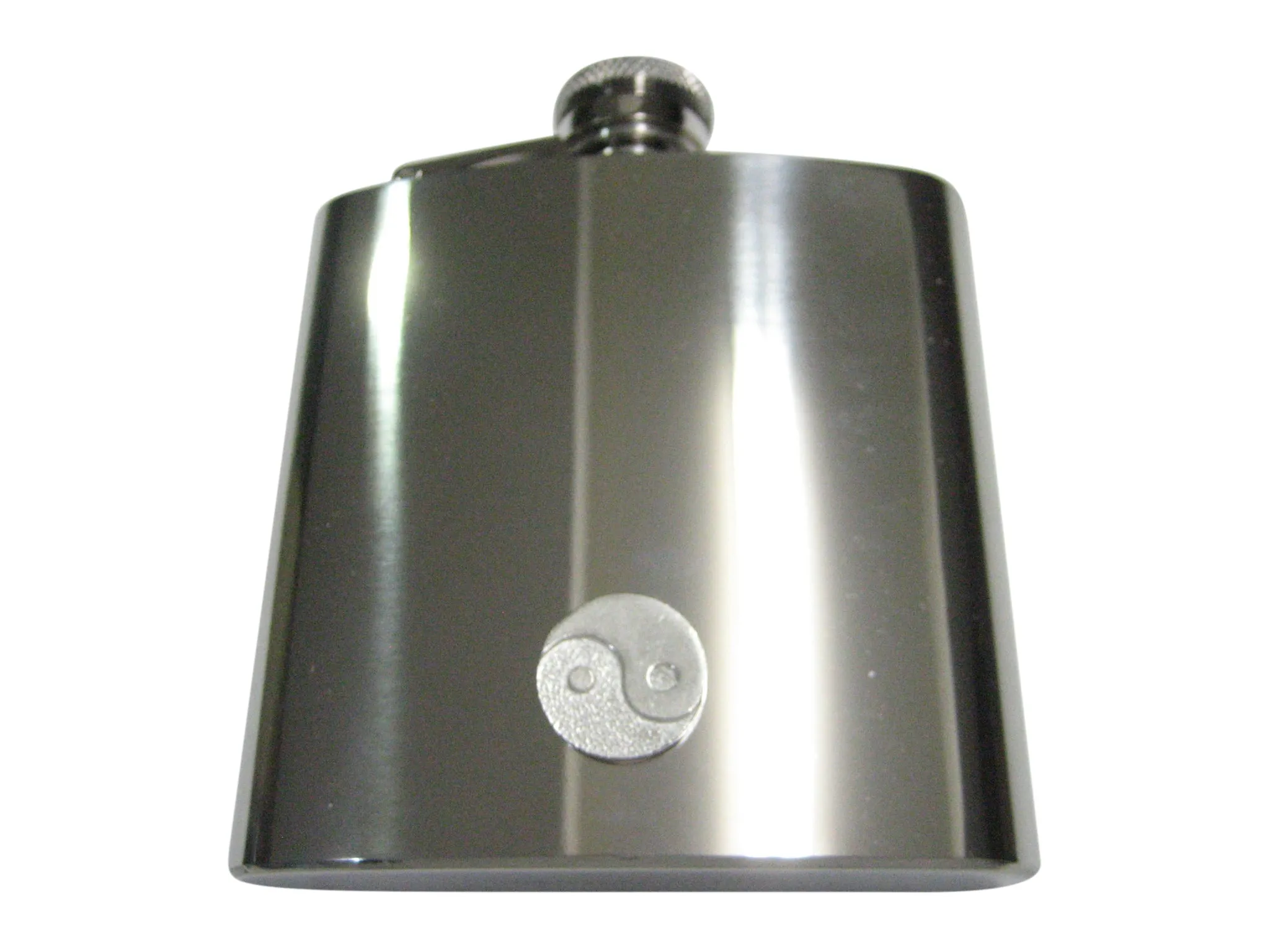 Silver Toned Circular Yin and Yang Symbol 6oz Flask