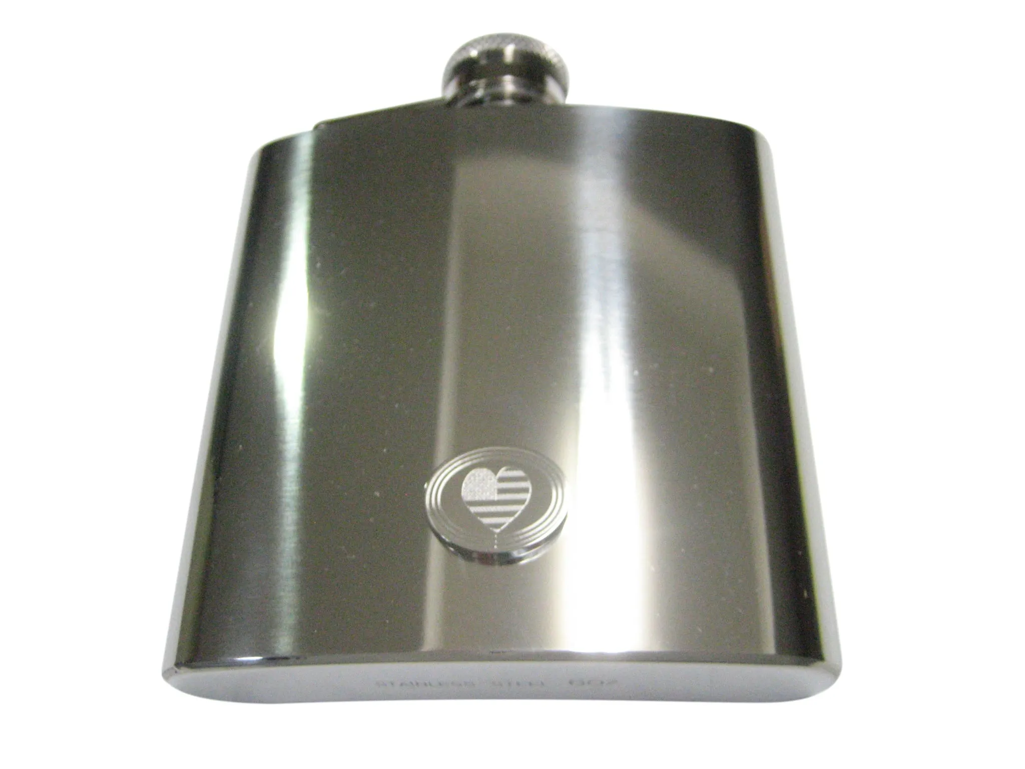 Silver Toned Etched Oval American Flag with Heart 6oz Flask