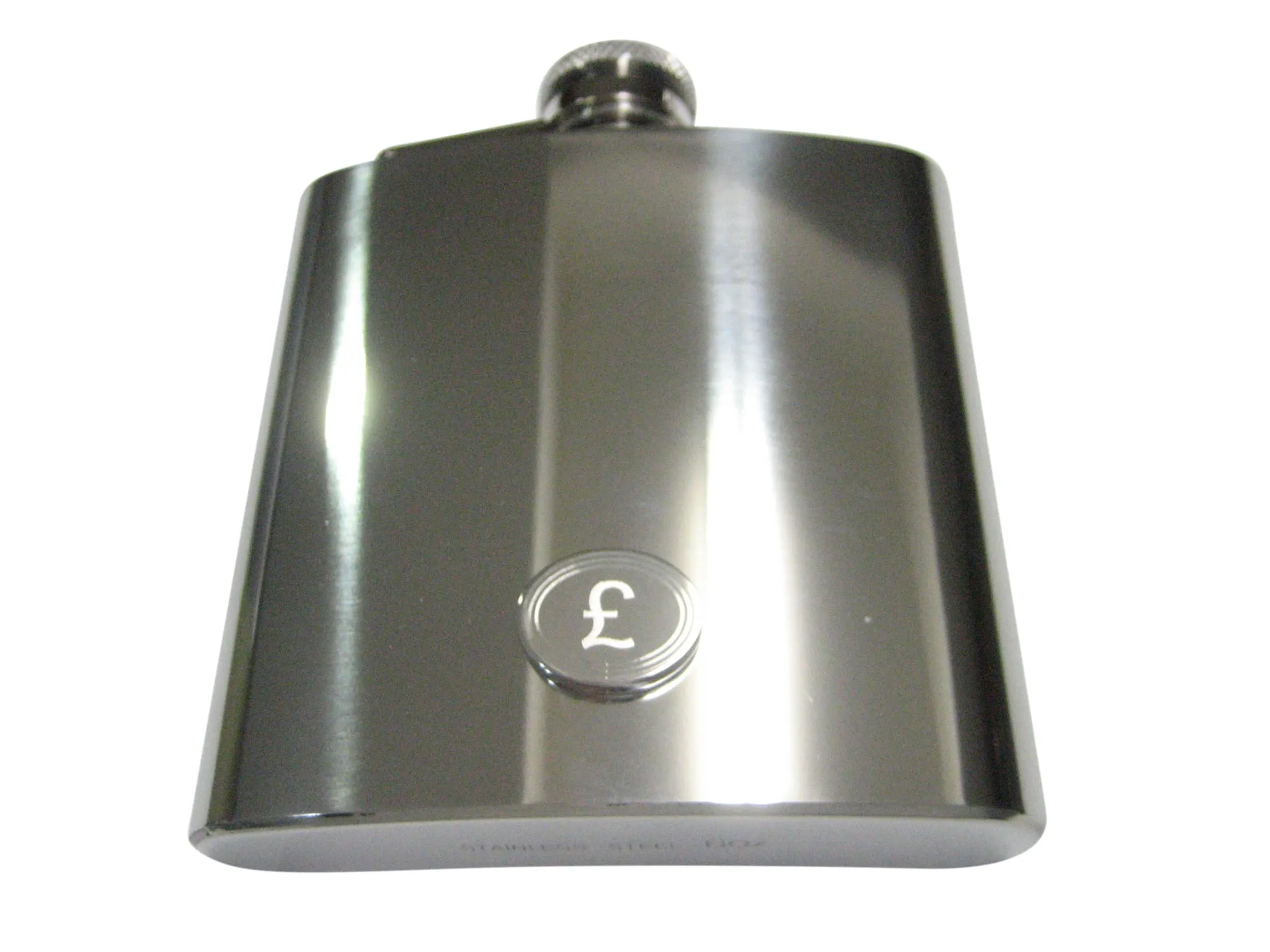 Silver Toned Etched Oval British Pound Sterling Currency Sign Pendant 6oz Flask
