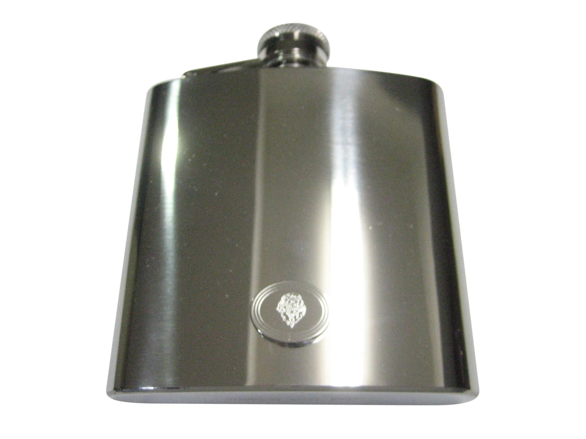 Silver Toned Etched Oval Lion Head 6oz Flask