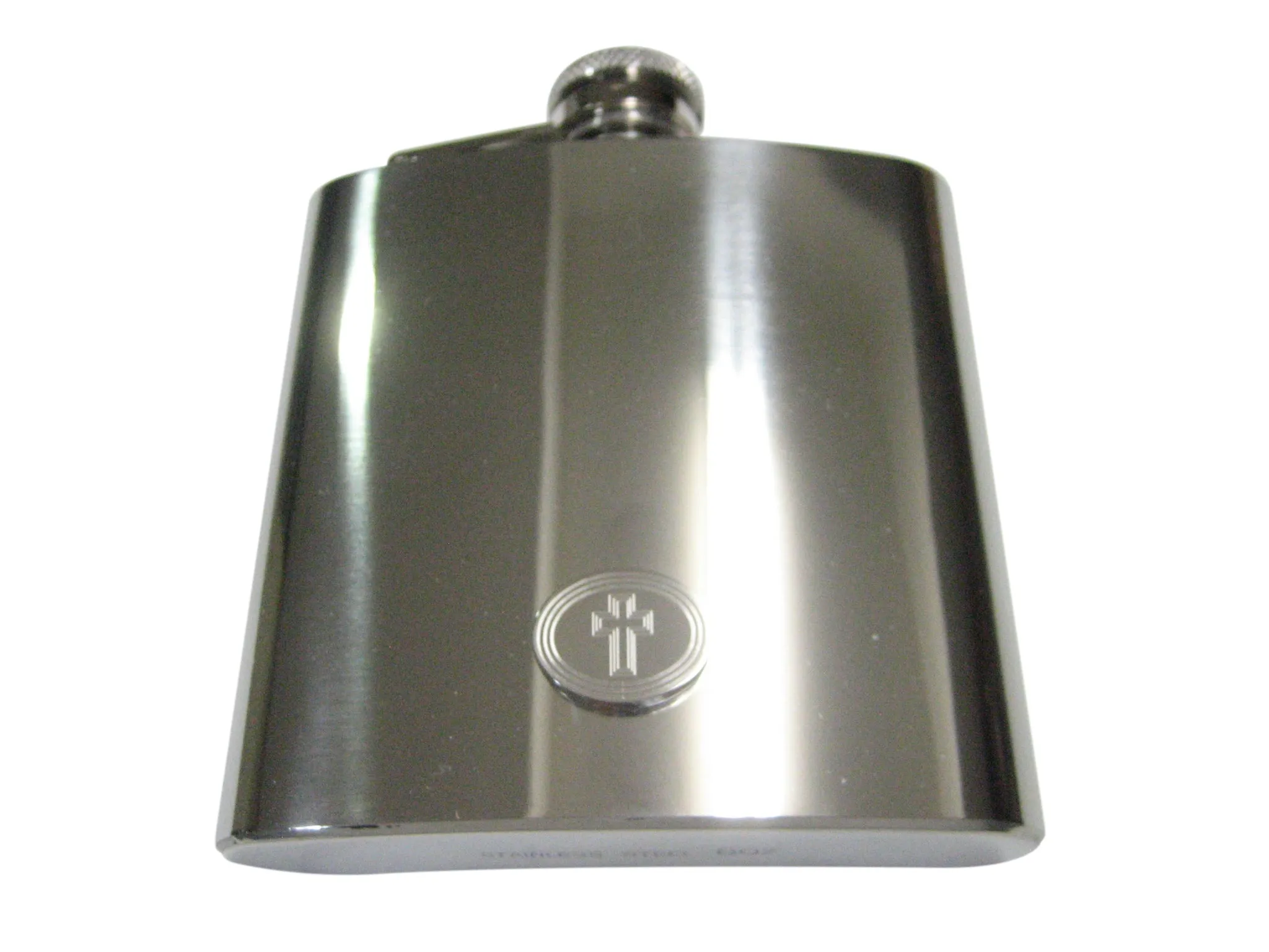 Silver Toned Etched Oval Triple Religious Cross 6oz Flask