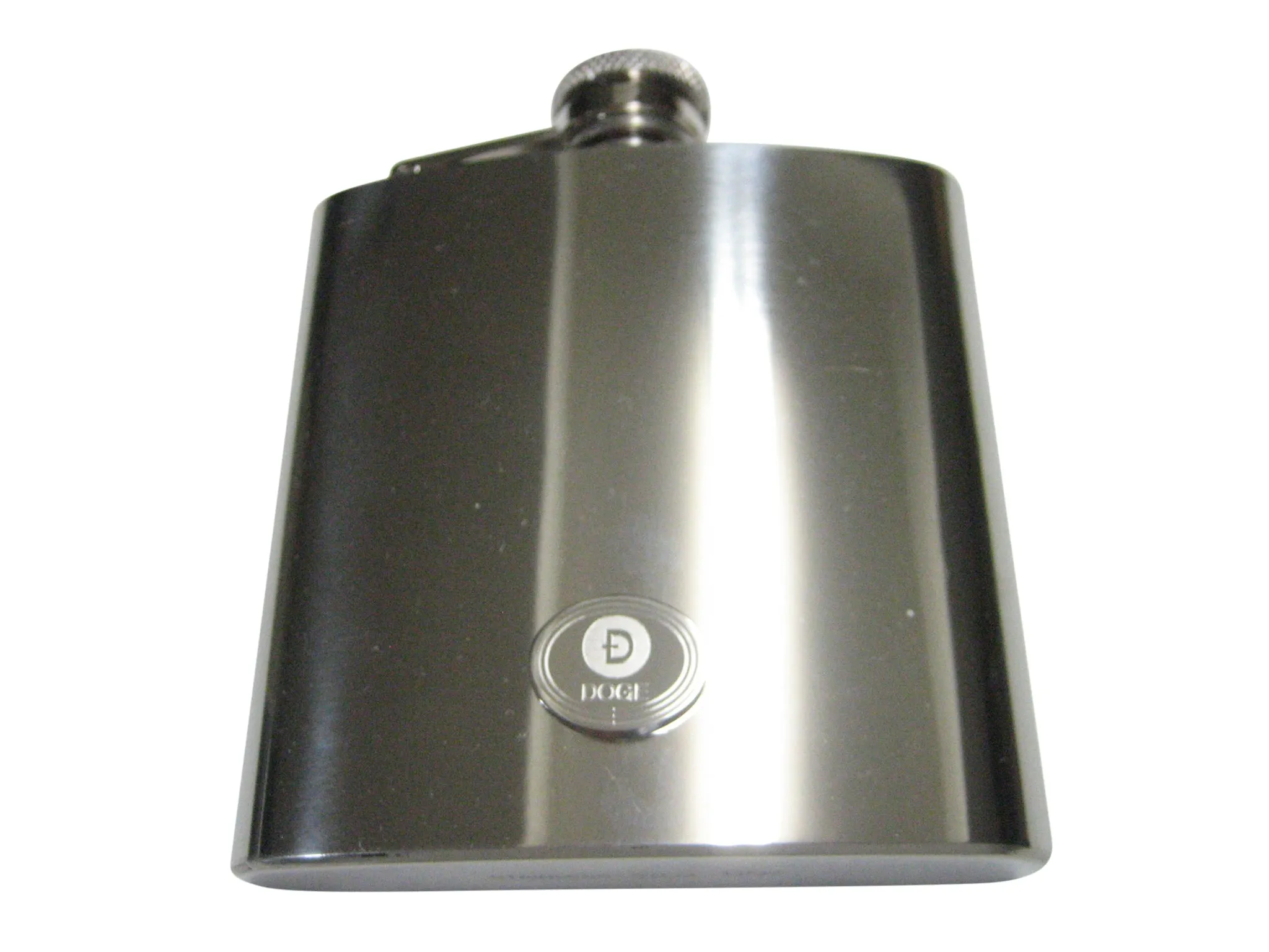 Silver Toned Oval Etched Doge Coin Cryptocurrency Blockchain 6oz Flask