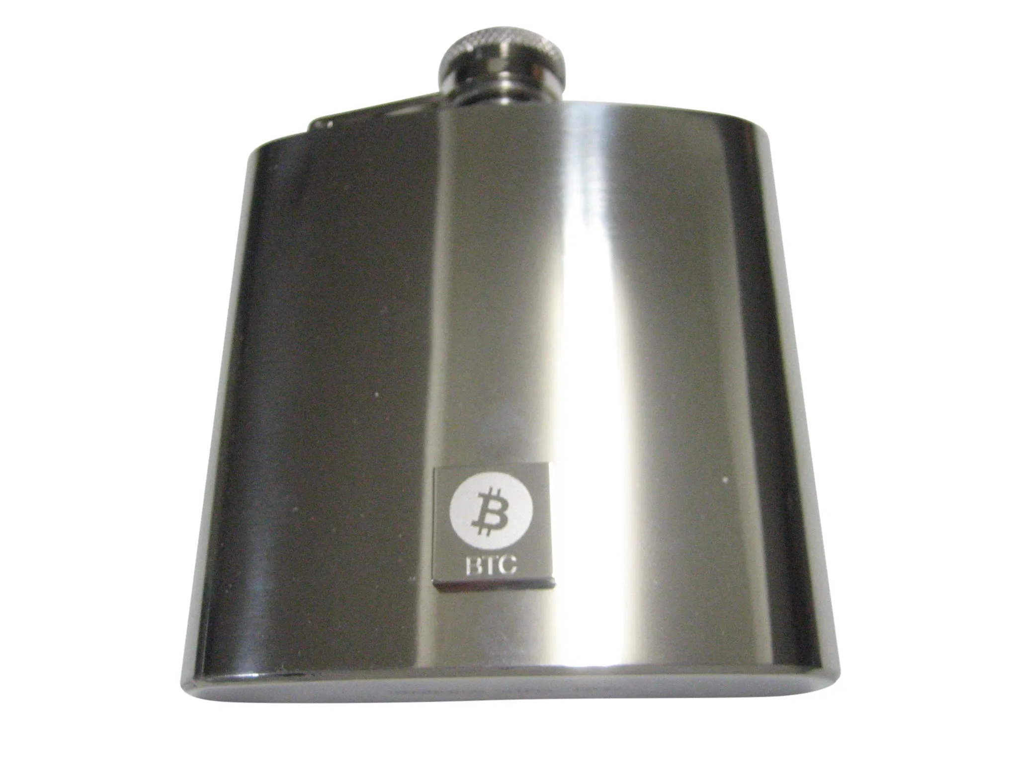 Silver Toned Square Etched Bitcoin Coin Cryptocurrency Blockchain 6oz Flask
