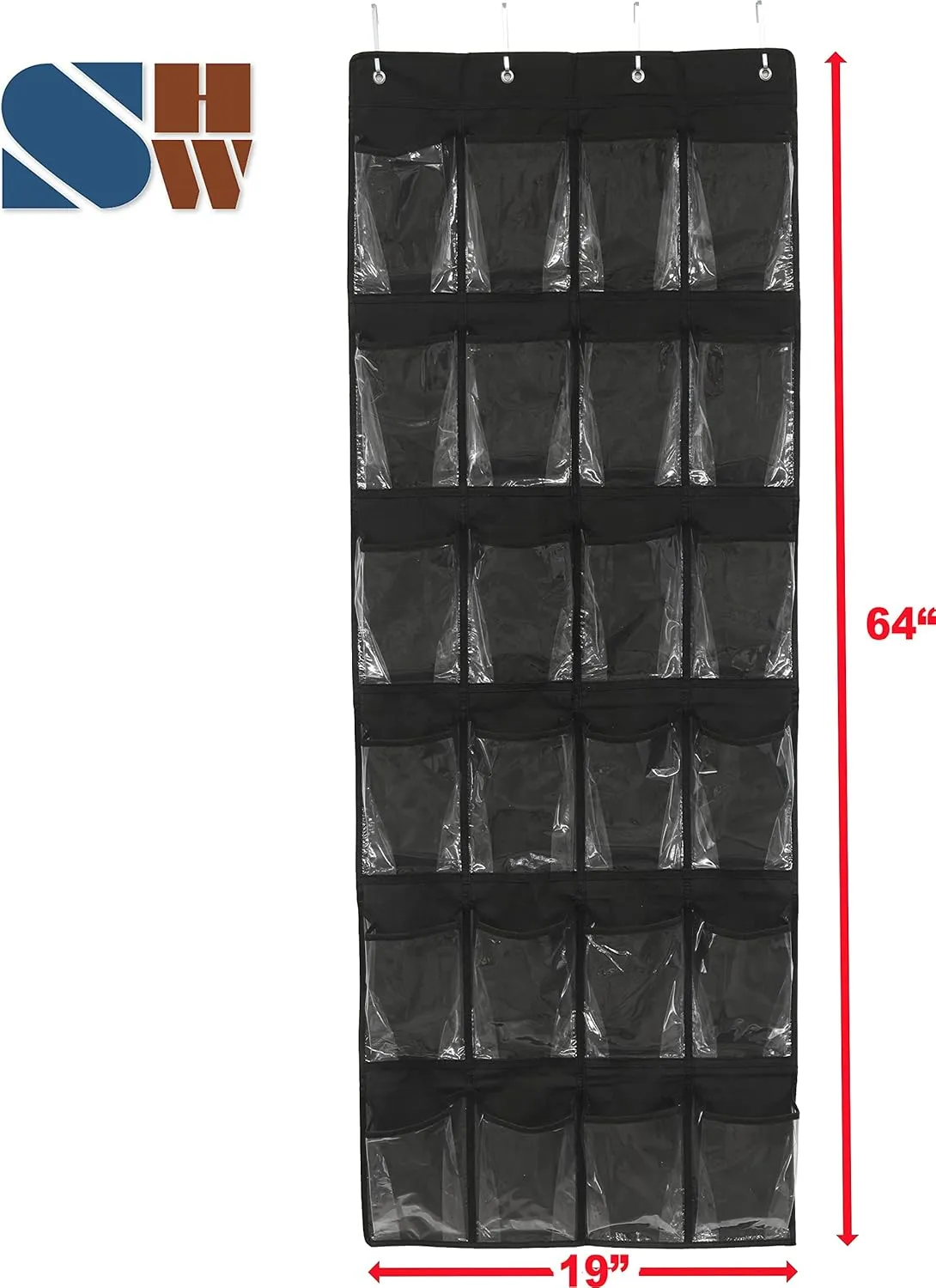 Simple Houseware 24 Pockets - Crystal Clear Over The Door Hanging Shoe Organizer, Black (64'' x 19'')