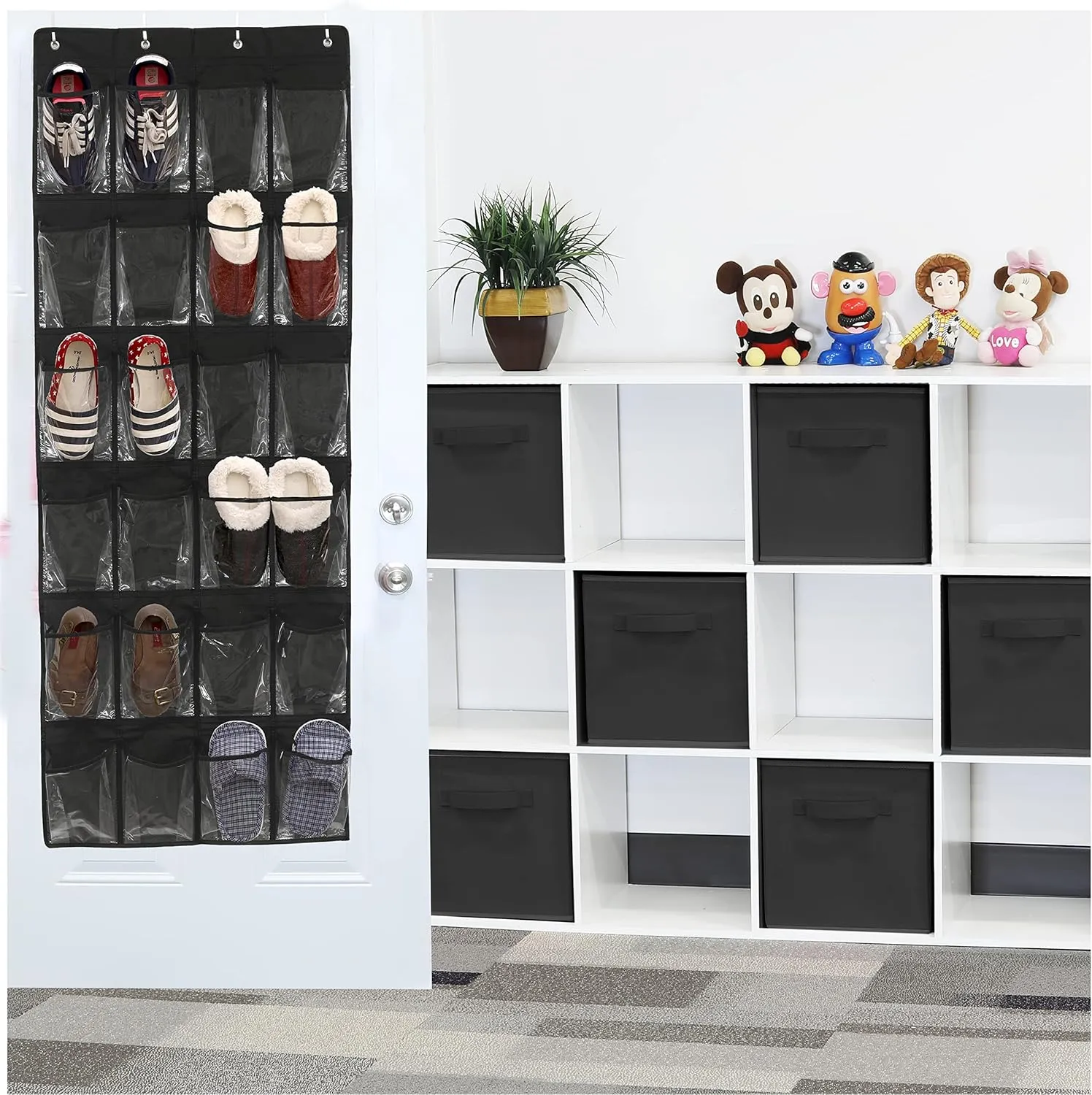 Simple Houseware 24 Pockets - Crystal Clear Over The Door Hanging Shoe Organizer, Black (64'' x 19'')