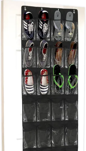 Simple Houseware 24 Pockets - Crystal Clear Over The Door Hanging Shoe Organizer, Black (64'' x 19'')