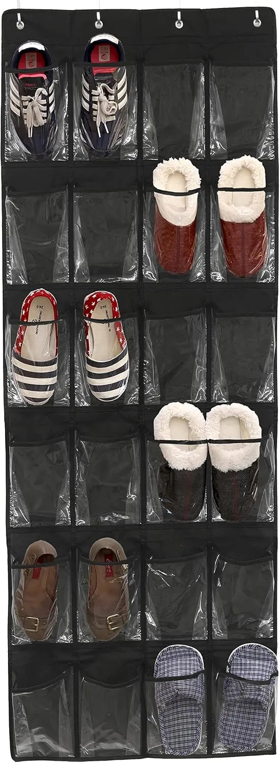 Simple Houseware 24 Pockets - Crystal Clear Over The Door Hanging Shoe Organizer, Black (64'' x 19'')
