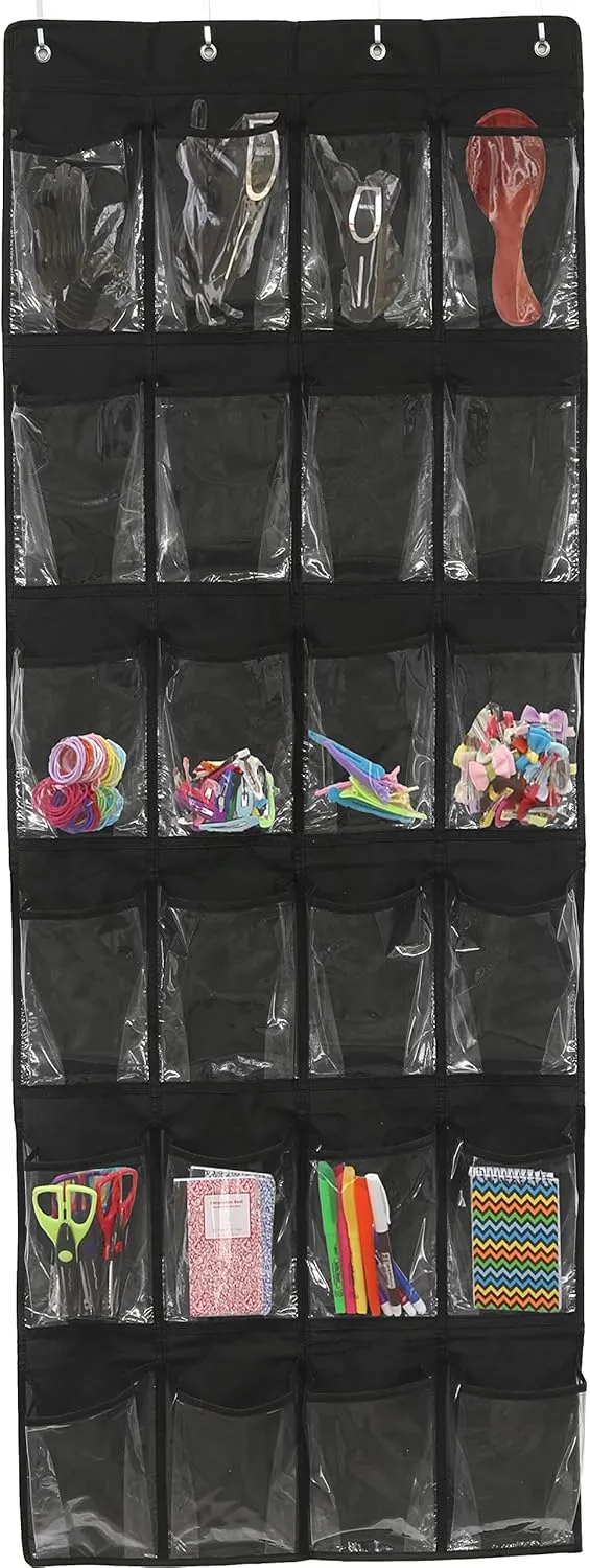 Simple Houseware 24 Pockets - Crystal Clear Over The Door Hanging Shoe Organizer, Black (64'' x 19'')