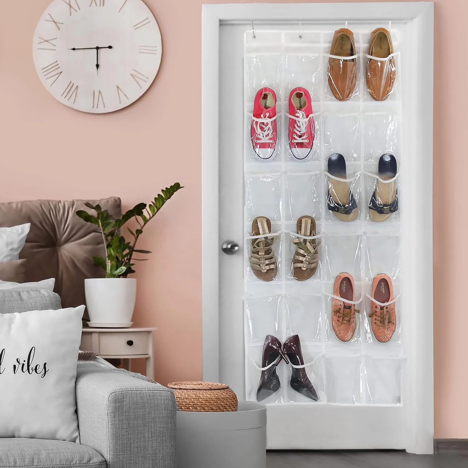 Simple Houseware 24 Pockets Large Clear Pockets Over The Door Hanging Shoe Organizer, White (56" x 22.5")