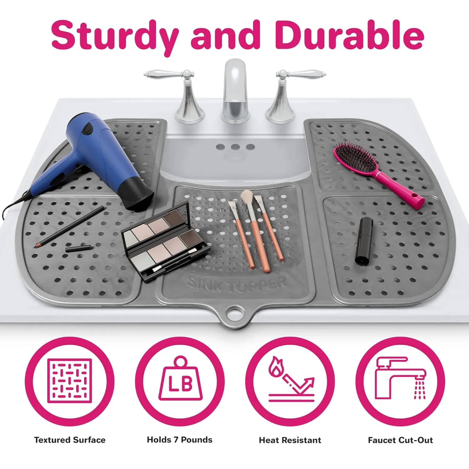 Sink Topper Foldable Sink Cover | Silicone Beauty Makeup Brush Cleaning Mat | Hot Tools Organizer | Bathroom Cover for Counter Space & Storage Saver | Traveling Must Haves for RV | Large, Silver