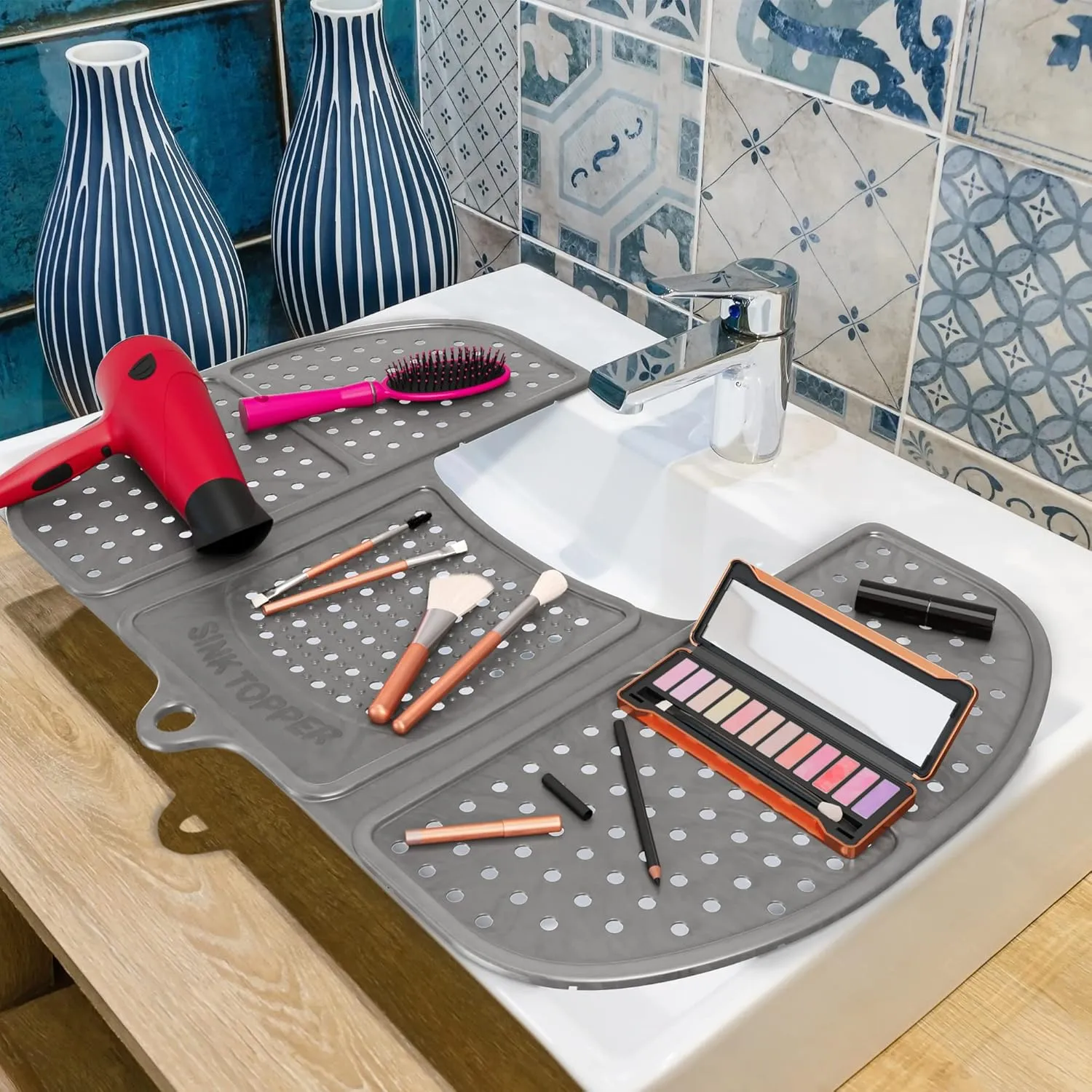 Sink Topper Foldable Sink Cover | Silicone Beauty Makeup Brush Cleaning Mat | Hot Tools Organizer | Bathroom Cover for Counter Space & Storage Saver | Traveling Must Haves for RV | Large, Silver