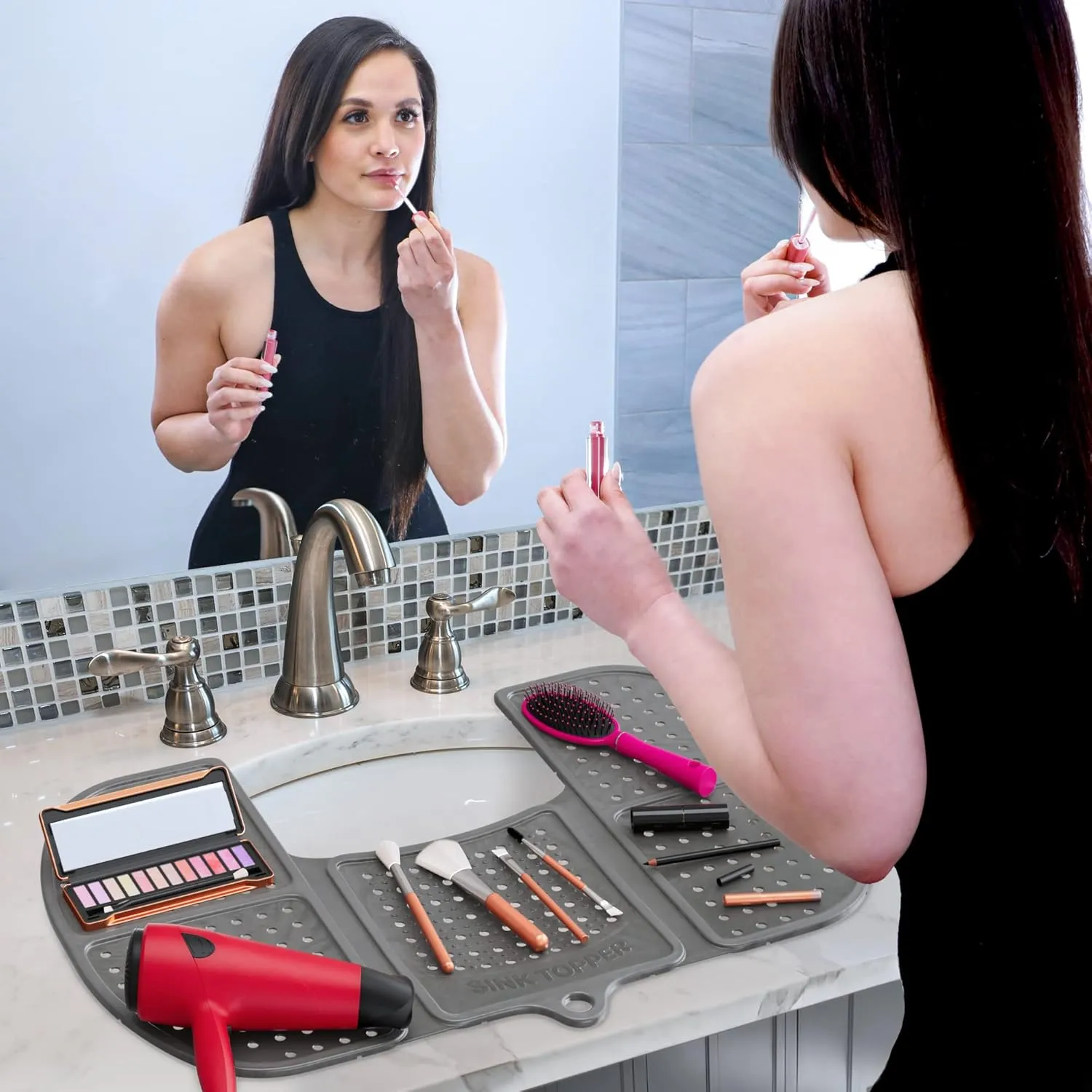 Sink Topper Foldable Sink Cover | Silicone Beauty Makeup Brush Cleaning Mat | Hot Tools Organizer | Bathroom Cover for Counter Space & Storage Saver | Traveling Must Haves for RV | Large, Silver
