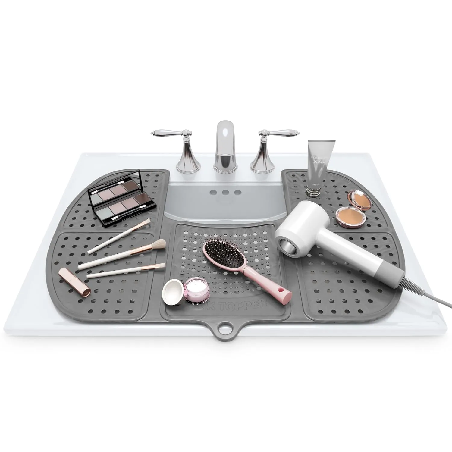 Sink Topper Foldable Sink Cover | Silicone Beauty Makeup Brush Cleaning Mat | Hot Tools Organizer | Bathroom Cover for Counter Space & Storage Saver | Traveling Must Haves for RV | Large, Silver
