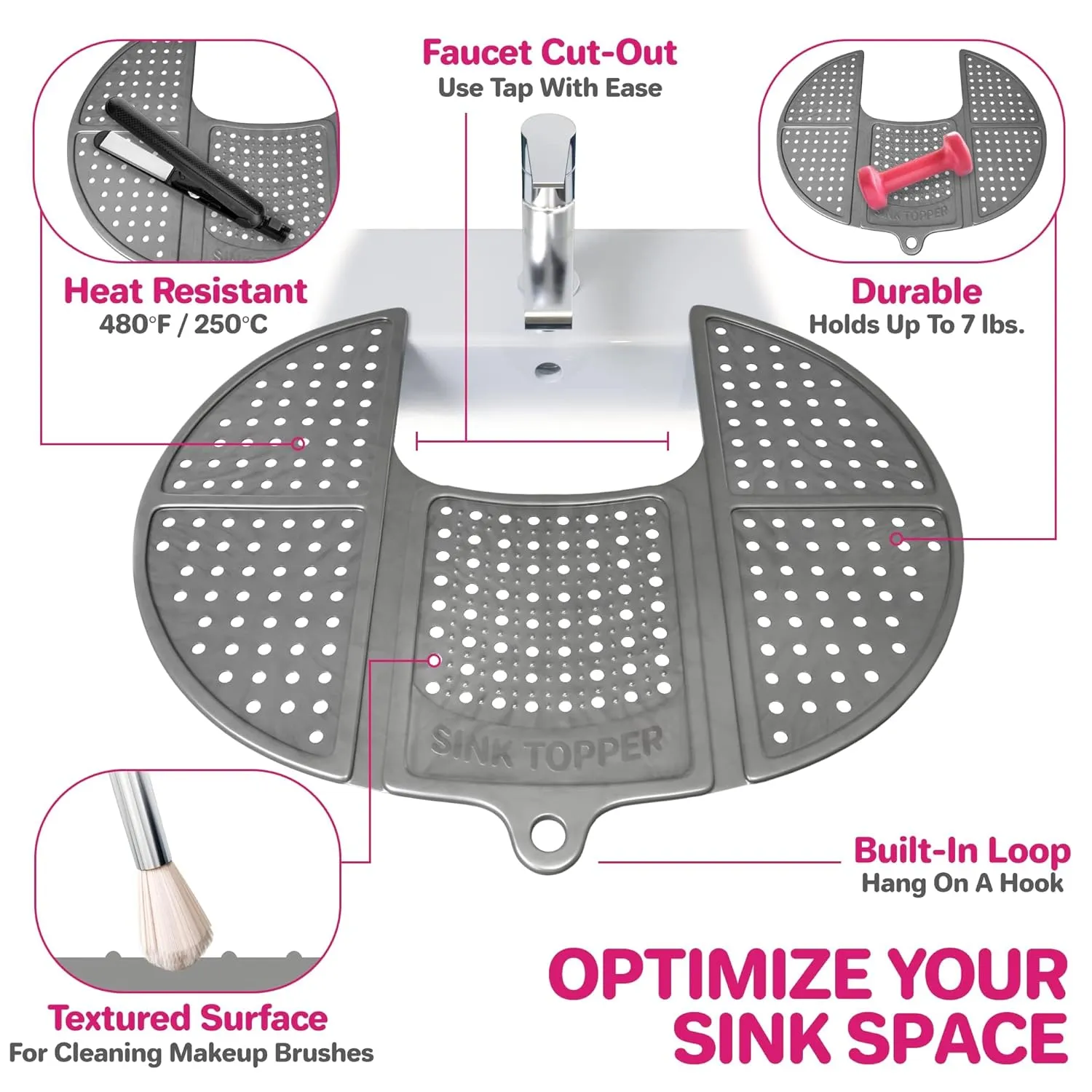 Sink Topper Foldable Sink Cover | Silicone Beauty Makeup Brush Cleaning Mat | Hot Tools Organizer | Bathroom Cover for Counter Space & Storage Saver | Traveling Must Haves for RV | Standard, Black