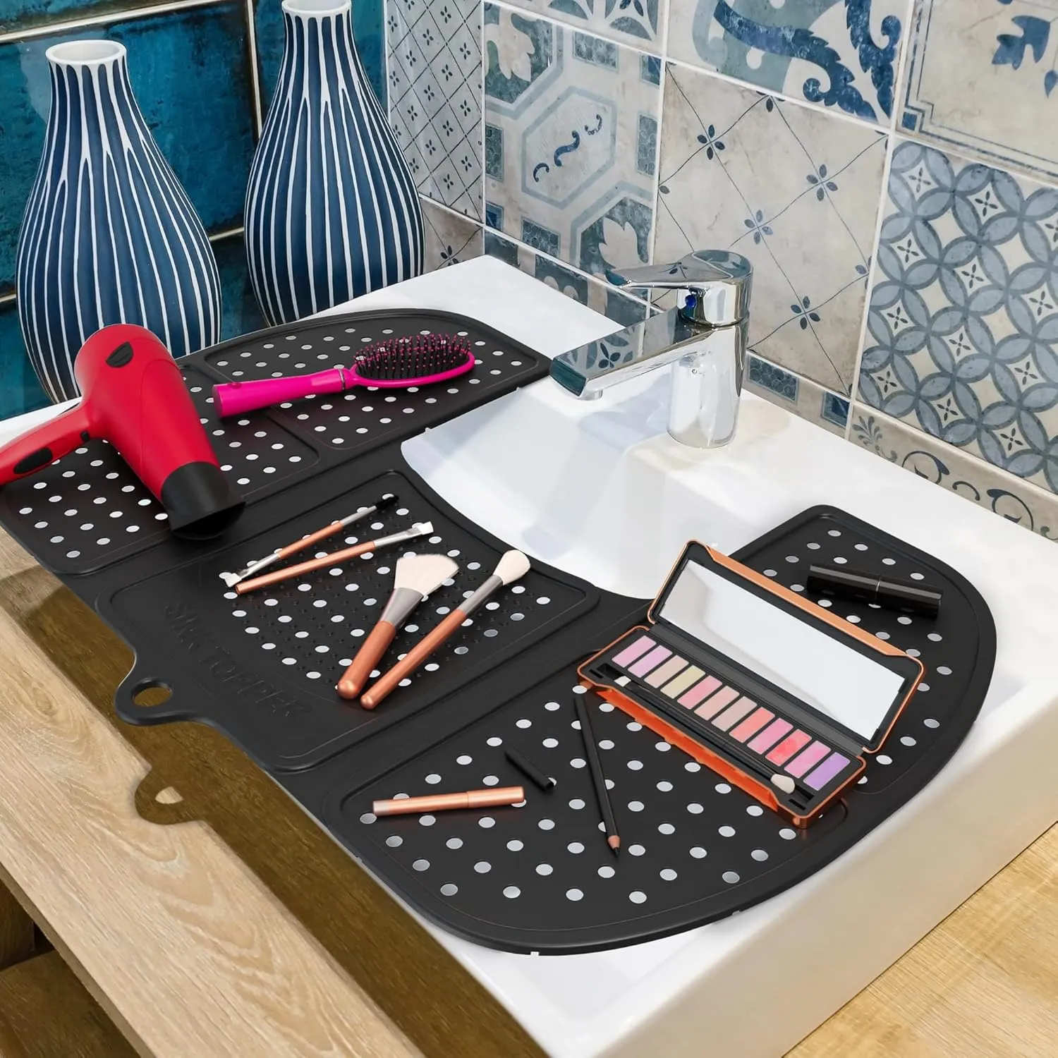 Sink Topper Foldable Sink Cover | Silicone Beauty Makeup Brush Cleaning Mat | Hot Tools Organizer | Bathroom Cover for Counter Space & Storage Saver | Traveling Must Haves for RV | Standard, Black