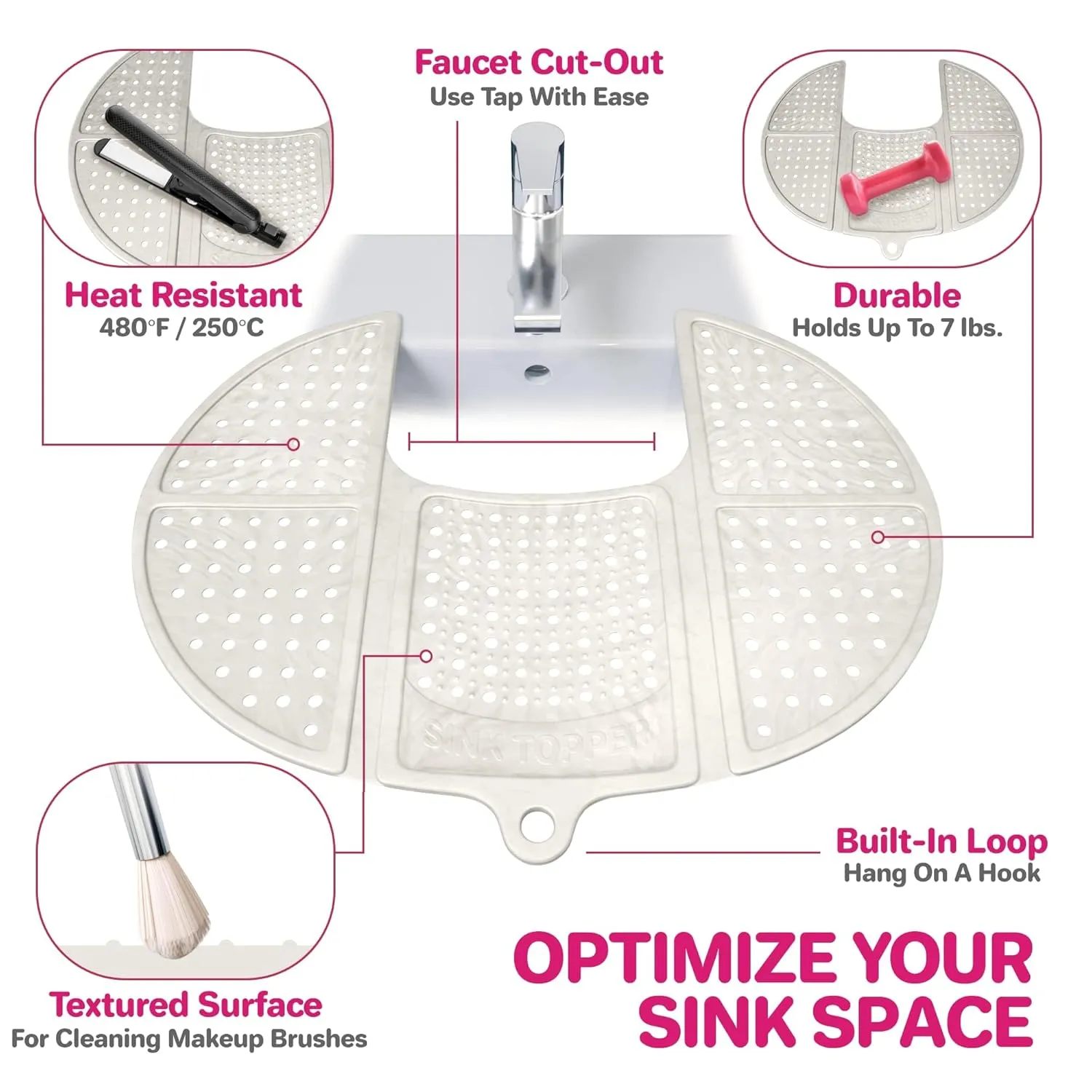 Sink Topper Foldable Sink Cover | Silicone Beauty Makeup Brush Cleaning Mat | Hot Tools Organizer | Bathroom Cover for Counter Space & Storage Saver | Traveling Must Haves for RV | Standard, Pearl