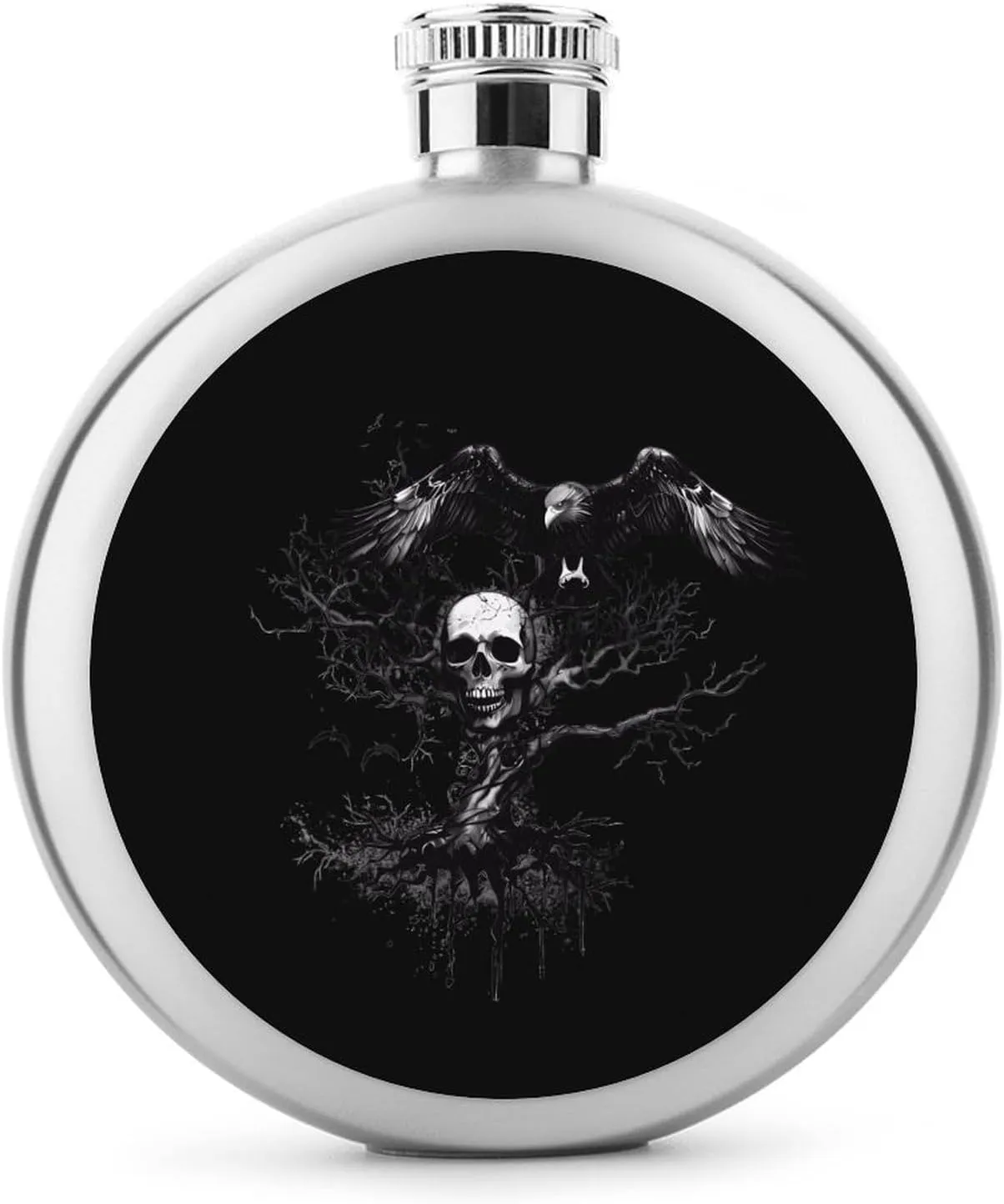 Skull Tree Black Eagle Round Wine Flask 5 Oz Mini Portable Stainless Steel Drinking Flasks for Men Women Travel Home Office