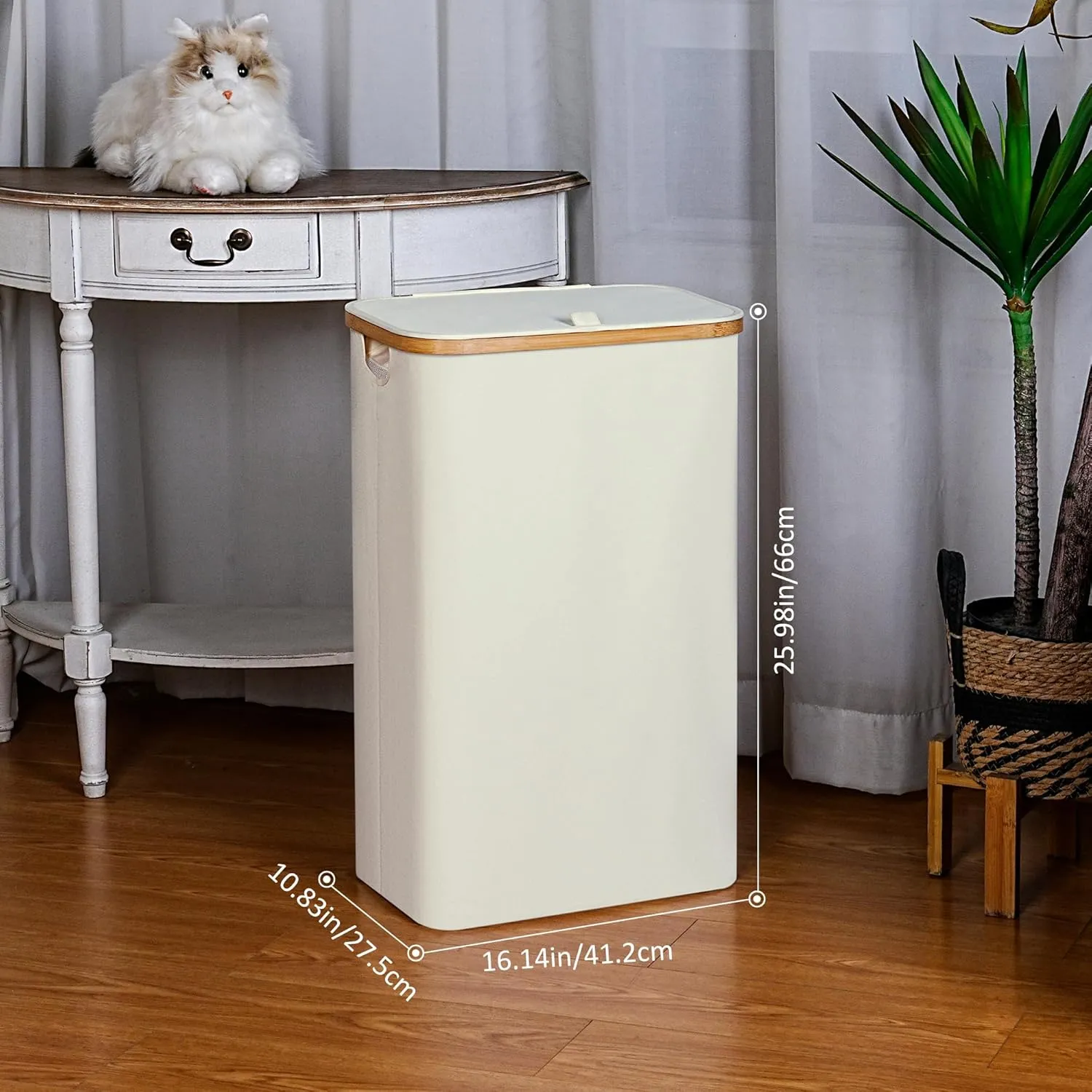 Slim Laundry Hamper, Narrow Laundry Basket with Lid,Foldable Clothes Hamper with Bamboo Handles,Hamper Basket with Removable Inner Bag for Laundry Room Bedroom College Dorm,75L Beige