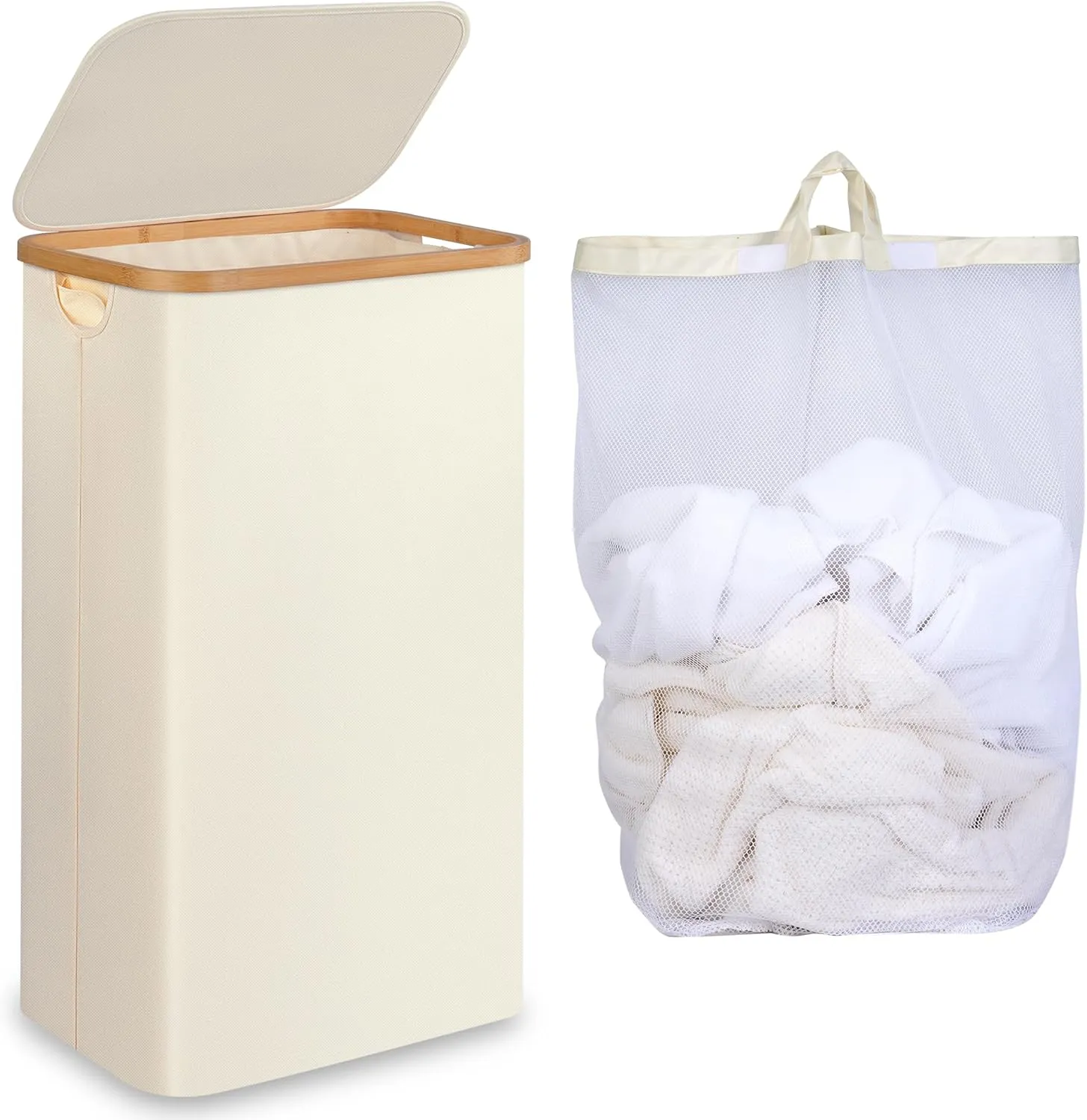 Slim Laundry Hamper, Narrow Laundry Basket with Lid,Foldable Clothes Hamper with Bamboo Handles,Hamper Basket with Removable Inner Bag for Laundry Room Bedroom College Dorm,75L Beige