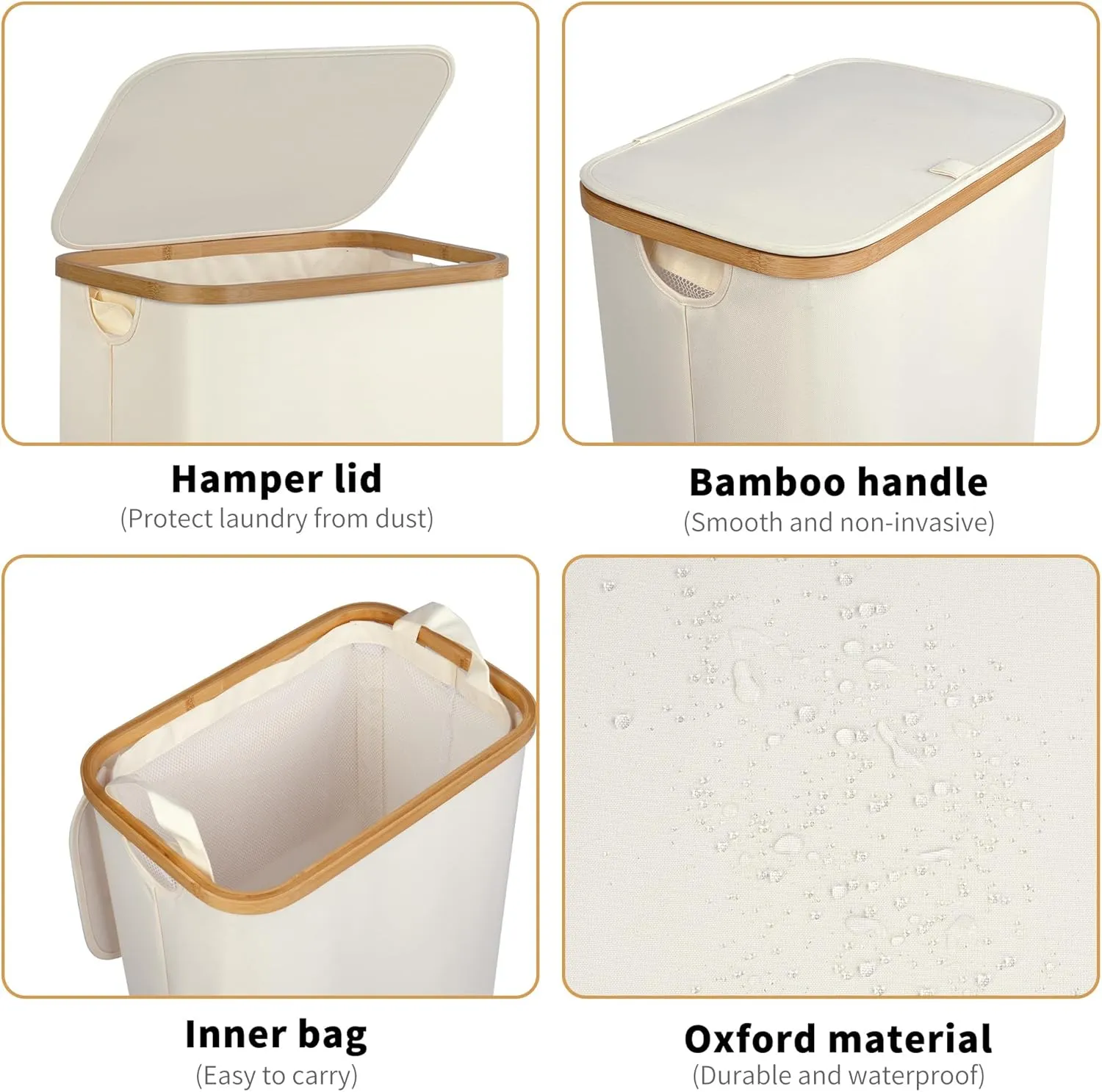 Slim Laundry Hamper, Narrow Laundry Basket with Lid,Foldable Clothes Hamper with Bamboo Handles,Hamper Basket with Removable Inner Bag for Laundry Room Bedroom College Dorm,75L Beige