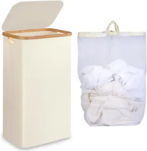 Slim Laundry Hamper, Narrow Laundry Basket with Lid,Foldable Clothes Hamper with Bamboo Handles,Hamper Basket with Removable Inner Bag for Laundry Room Bedroom College Dorm,75L Beige