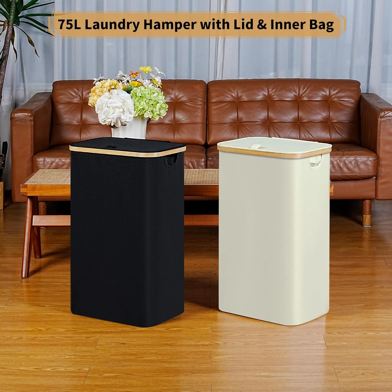 Slim Laundry Hamper, Narrow Laundry Basket with Lid,Foldable Clothes Hamper with Bamboo Handles,Hamper Basket with Removable Inner Bag for Laundry Room Bedroom College Dorm,75L Beige