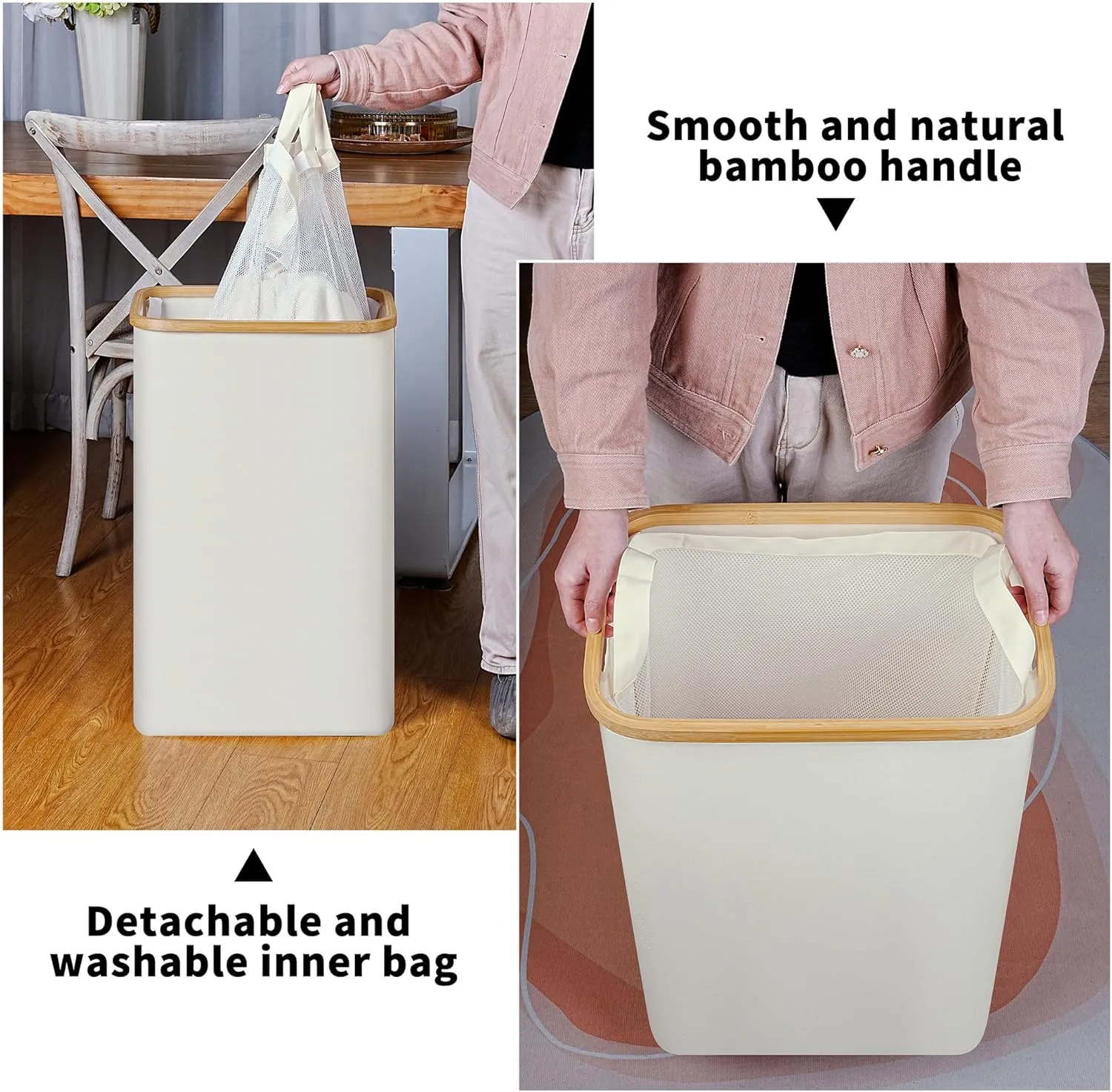 Slim Laundry Hamper, Narrow Laundry Basket with Lid,Foldable Clothes Hamper with Bamboo Handles,Hamper Basket with Removable Inner Bag for Laundry Room Bedroom College Dorm,75L Beige