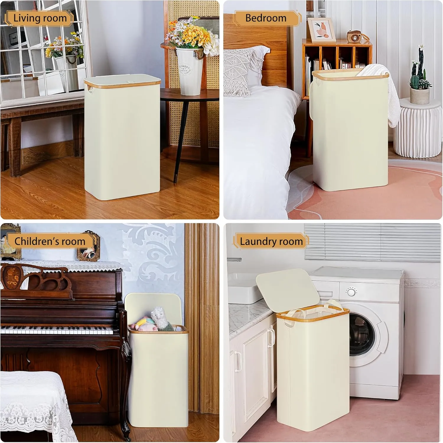 Slim Laundry Hamper, Narrow Laundry Basket with Lid,Foldable Clothes Hamper with Bamboo Handles,Hamper Basket with Removable Inner Bag for Laundry Room Bedroom College Dorm,75L Beige
