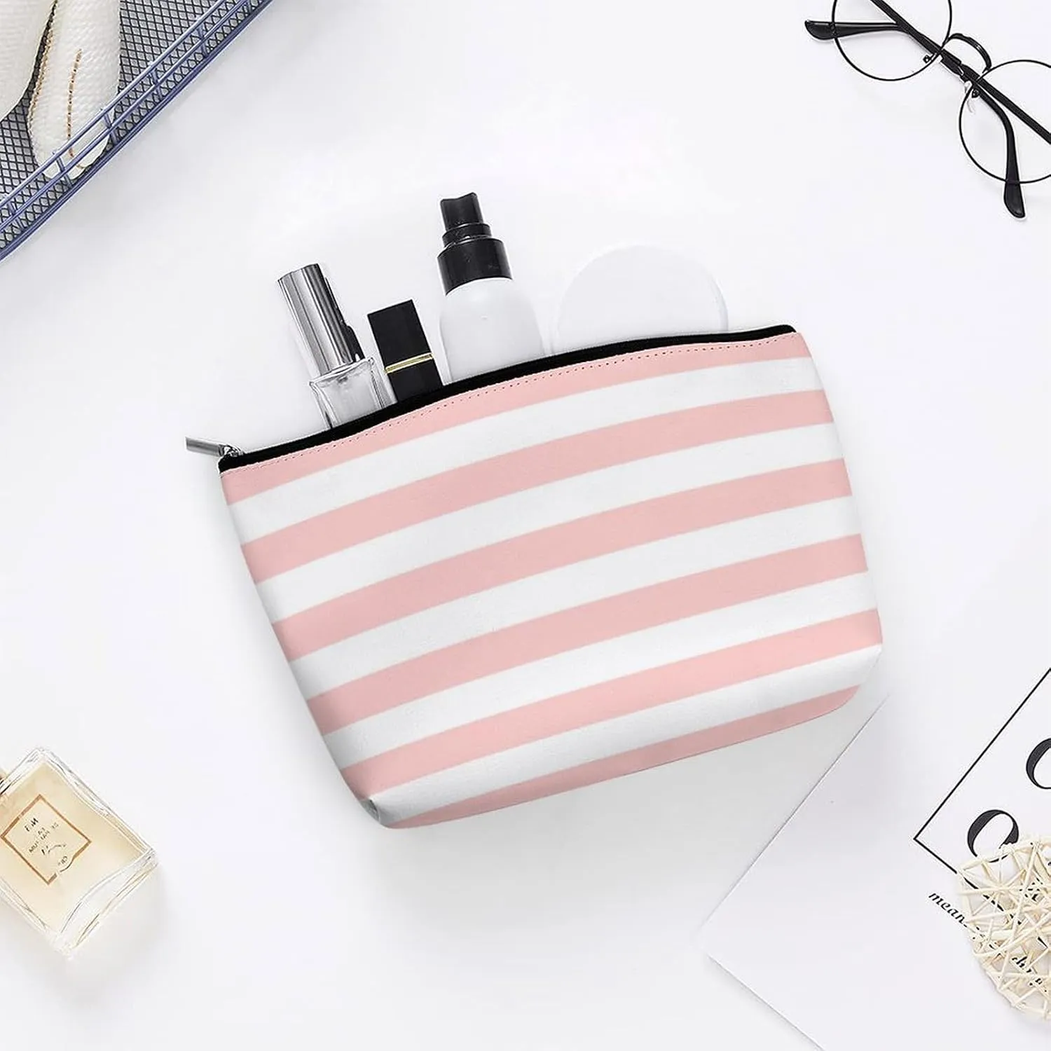 Small Cosmetic Bag, Blush Pink and White Stripes Makeup Bags Elegant Roomy Pouch for Women,Travel Toiletry Accessories Organizer
