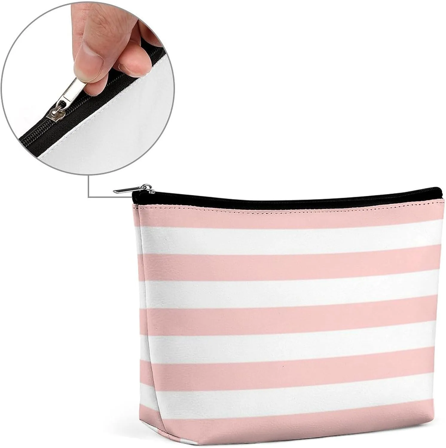 Small Cosmetic Bag, Blush Pink and White Stripes Makeup Bags Elegant Roomy Pouch for Women,Travel Toiletry Accessories Organizer