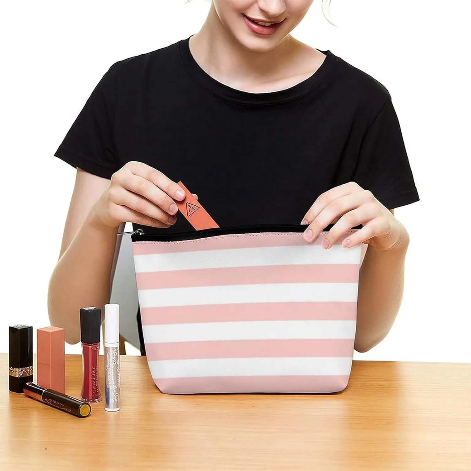 Small Cosmetic Bag, Blush Pink and White Stripes Makeup Bags Elegant Roomy Pouch for Women,Travel Toiletry Accessories Organizer