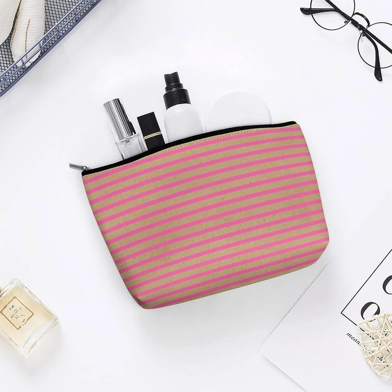 Small Cosmetic Bag, Bright Hot Summer Pink Stripes Faux Brown Makeup Bags Elegant Roomy Pouch for Women,Travel Toiletry Accessories Organizer