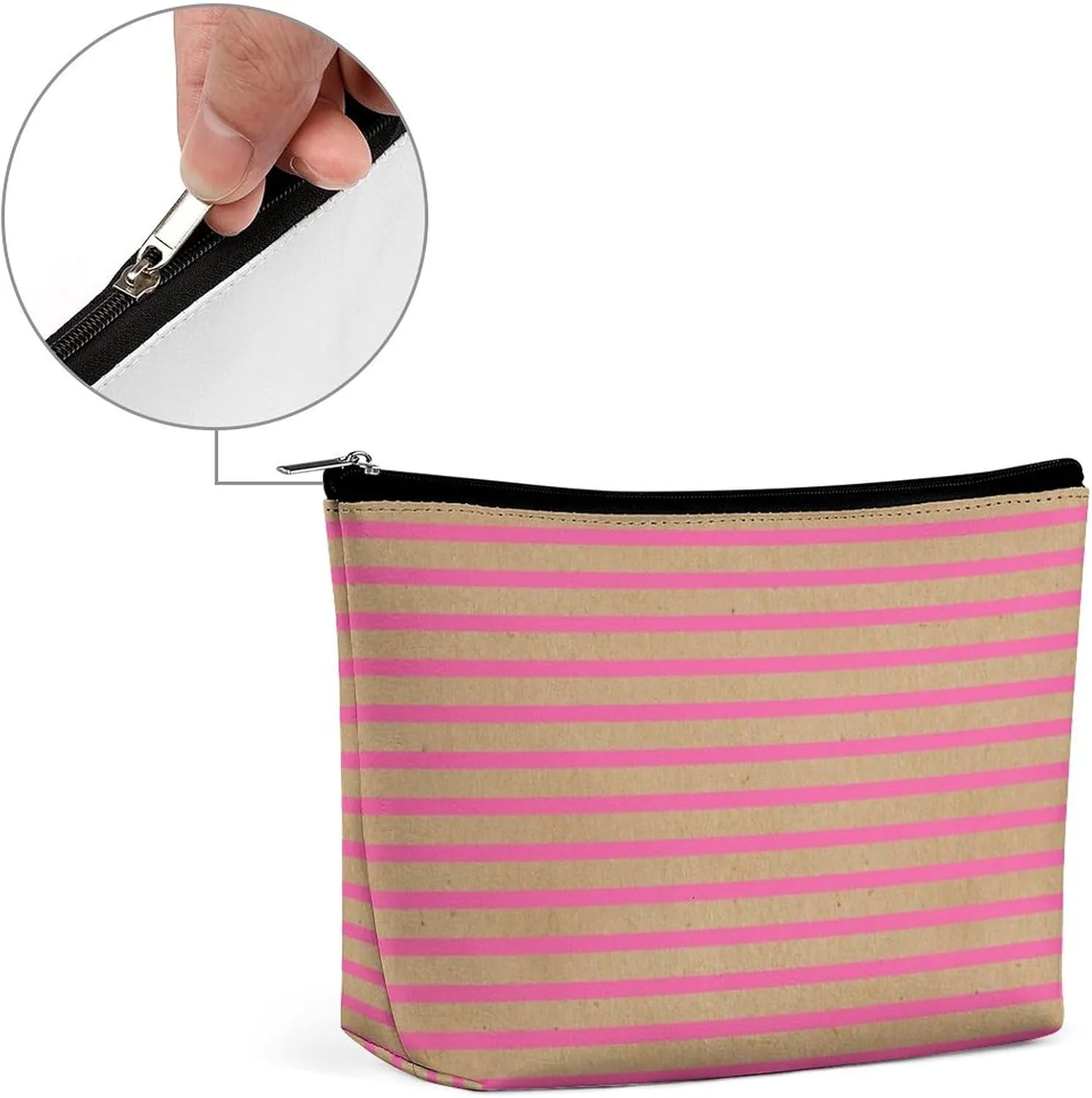 Small Cosmetic Bag, Bright Hot Summer Pink Stripes Faux Brown Makeup Bags Elegant Roomy Pouch for Women,Travel Toiletry Accessories Organizer