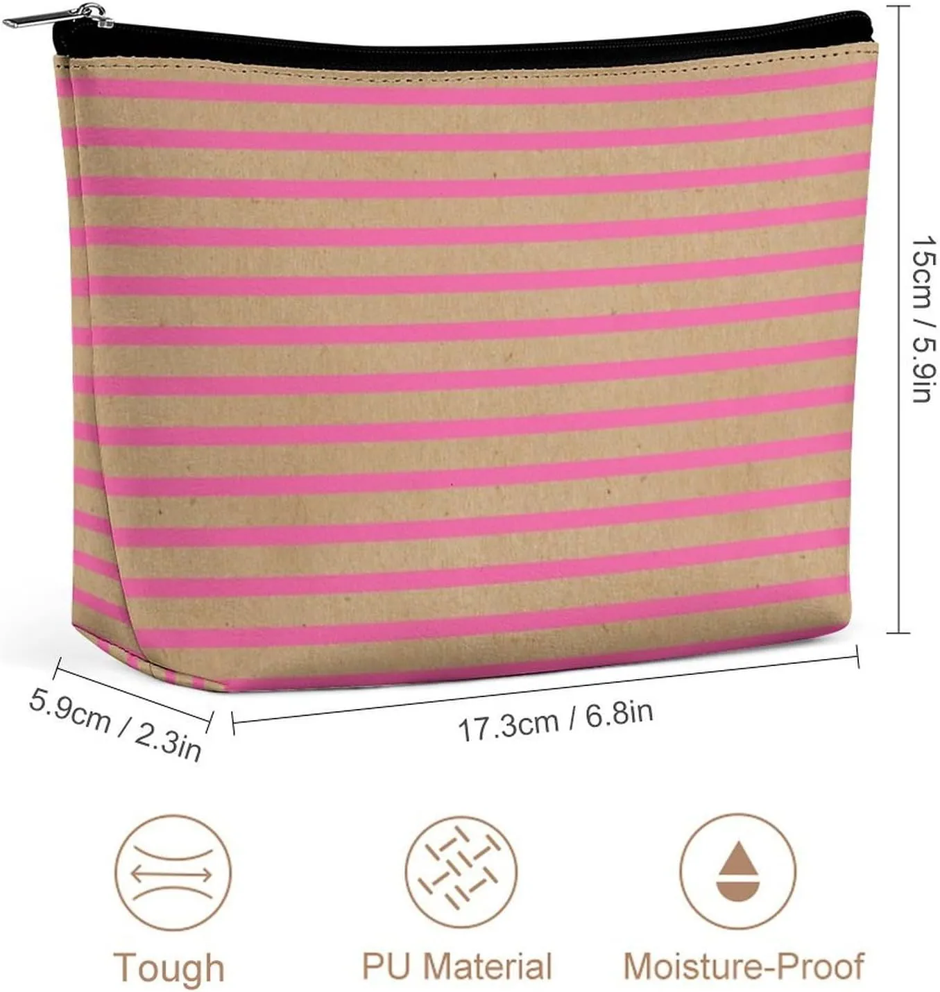 Small Cosmetic Bag, Bright Hot Summer Pink Stripes Faux Brown Makeup Bags Elegant Roomy Pouch for Women,Travel Toiletry Accessories Organizer