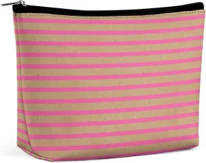 Small Cosmetic Bag, Bright Hot Summer Pink Stripes Faux Brown Makeup Bags Elegant Roomy Pouch for Women,Travel Toiletry Accessories Organizer