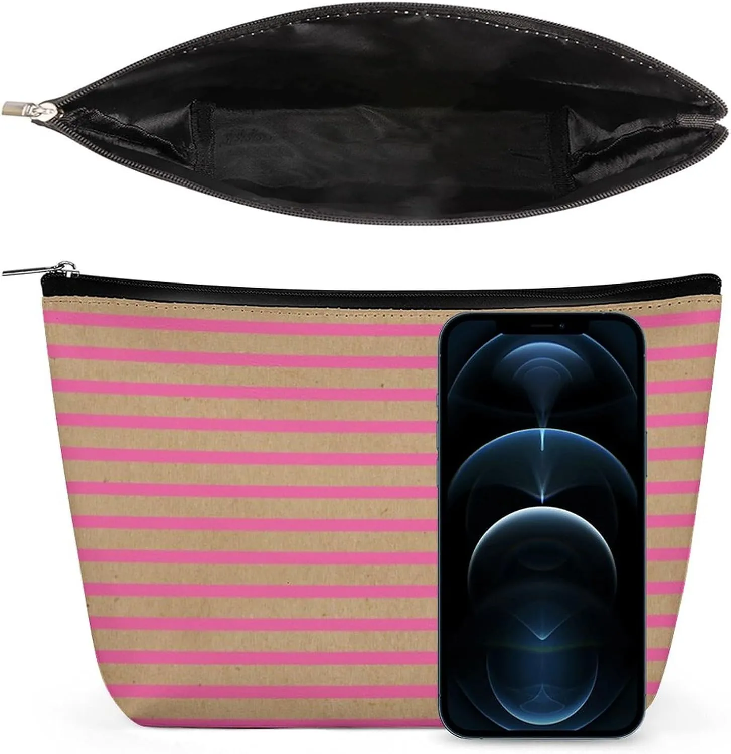 Small Cosmetic Bag, Bright Hot Summer Pink Stripes Faux Brown Makeup Bags Elegant Roomy Pouch for Women,Travel Toiletry Accessories Organizer