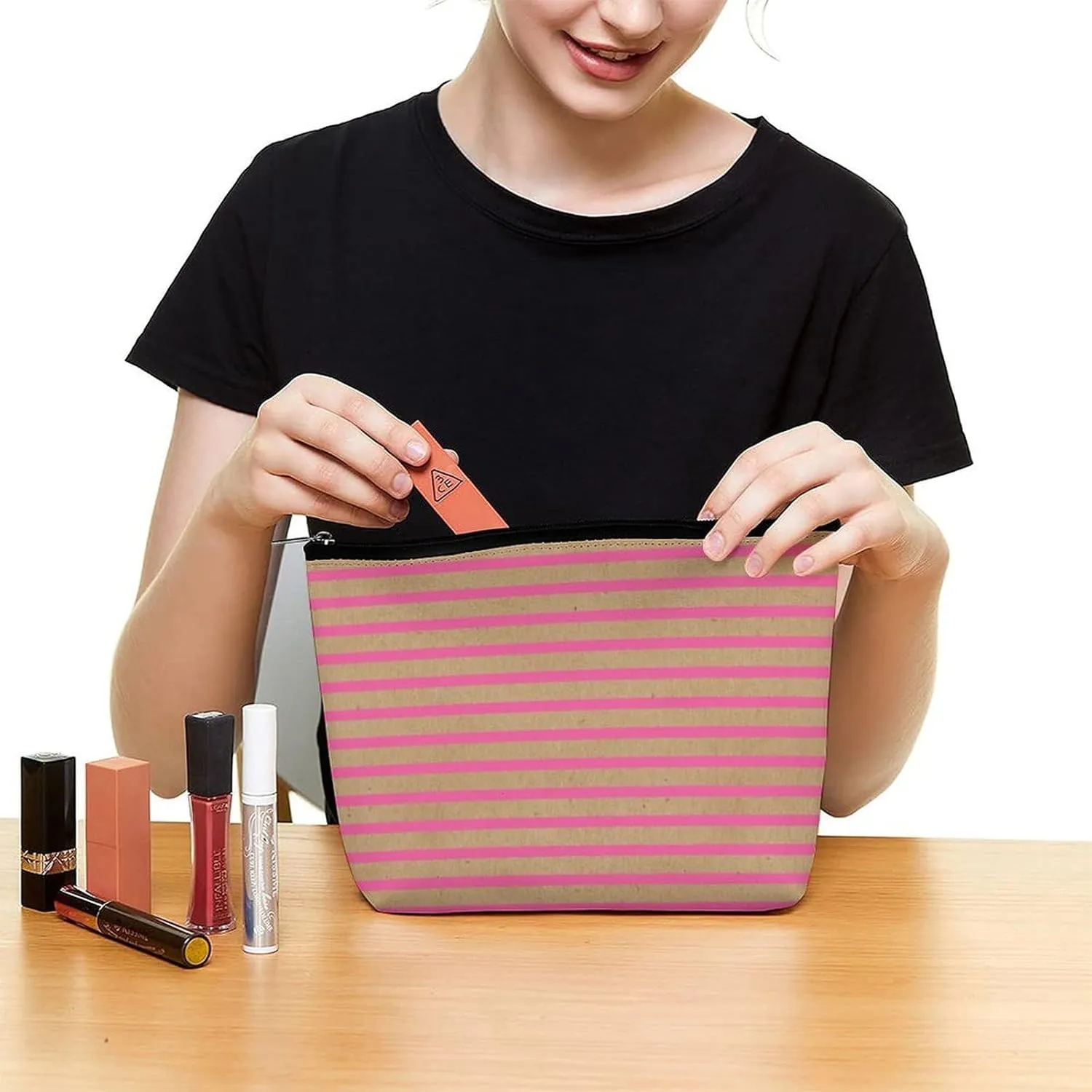 Small Cosmetic Bag, Bright Hot Summer Pink Stripes Faux Brown Makeup Bags Elegant Roomy Pouch for Women,Travel Toiletry Accessories Organizer