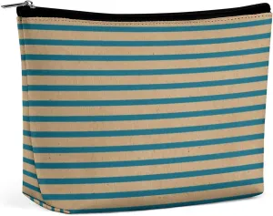 Small Cosmetic Bag, Dark Teal Blue Green Lines Faux Rustic Brown Makeup Bags Elegant Roomy Pouch for Women,Travel Toiletry Accessories Organizer
