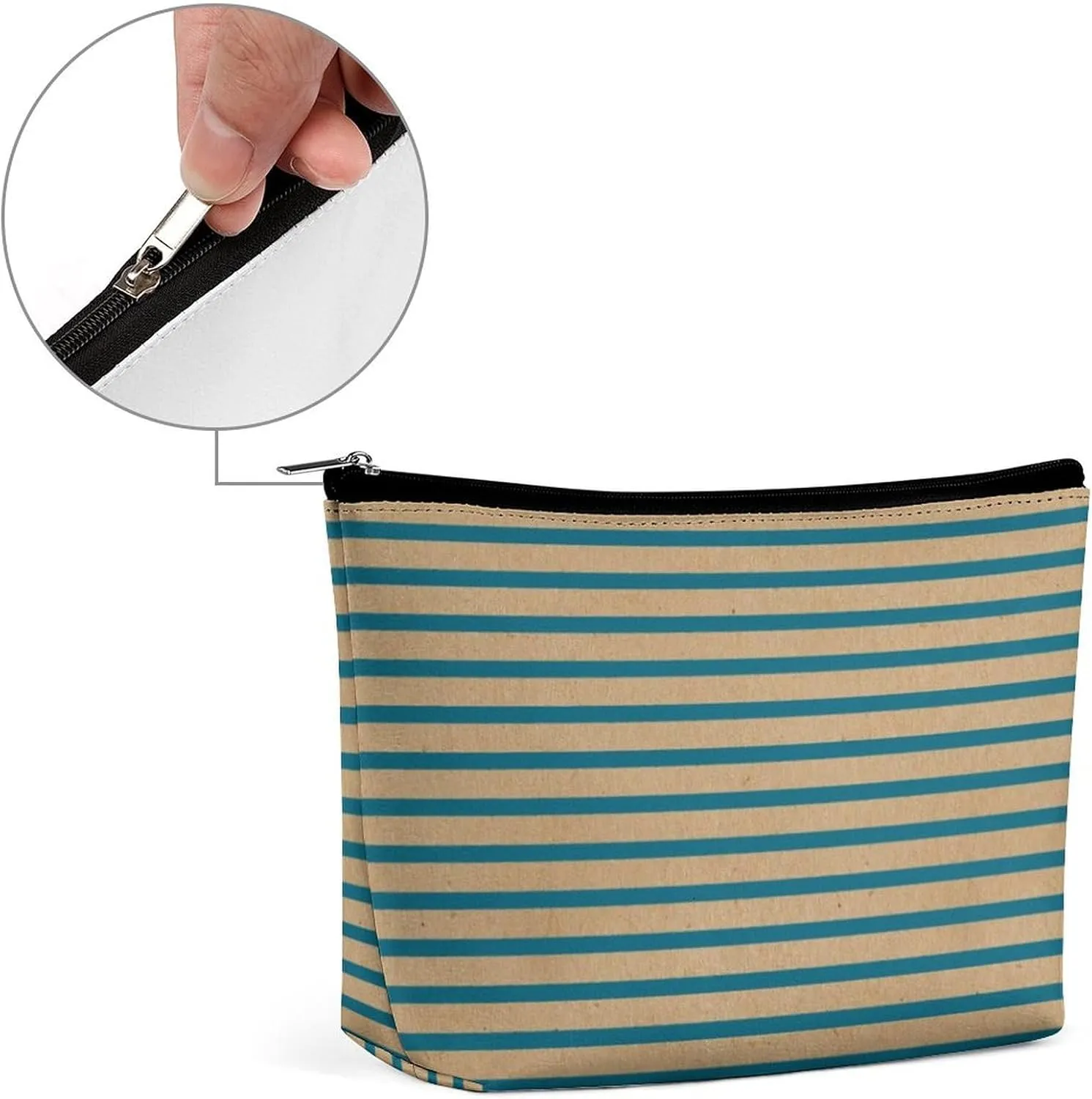 Small Cosmetic Bag, Dark Teal Blue Green Lines Faux Rustic Brown Makeup Bags Elegant Roomy Pouch for Women,Travel Toiletry Accessories Organizer