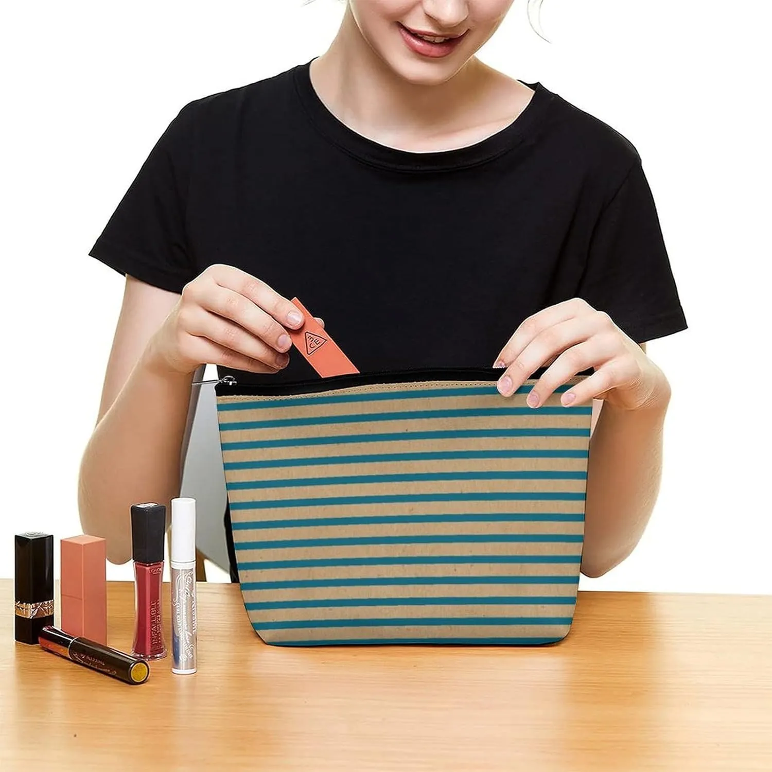 Small Cosmetic Bag, Dark Teal Blue Green Lines Faux Rustic Brown Makeup Bags Elegant Roomy Pouch for Women,Travel Toiletry Accessories Organizer