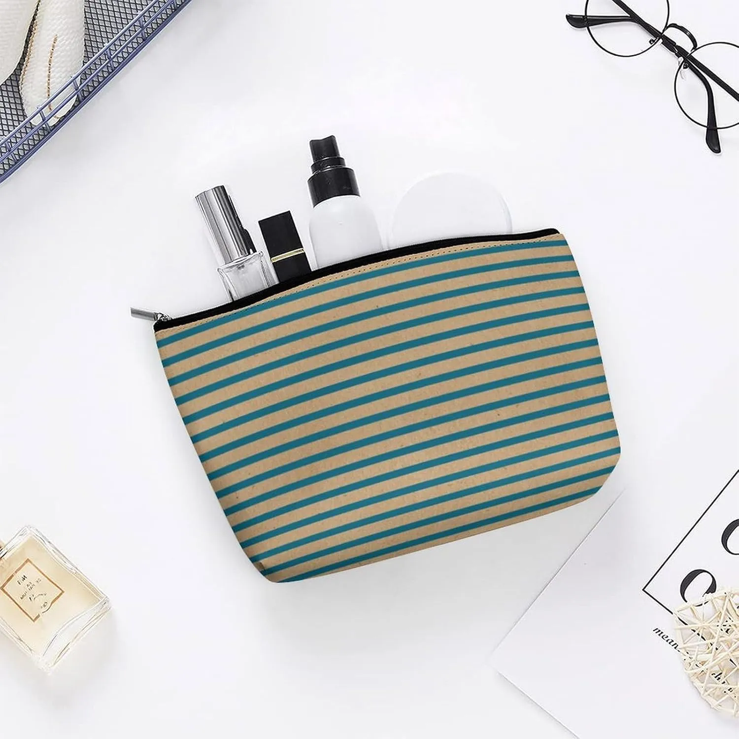 Small Cosmetic Bag, Dark Teal Blue Green Lines Faux Rustic Brown Makeup Bags Elegant Roomy Pouch for Women,Travel Toiletry Accessories Organizer