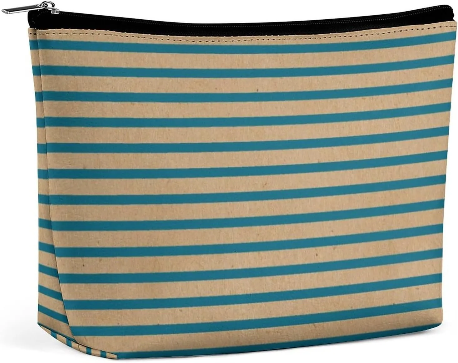 Small Cosmetic Bag, Dark Teal Blue Green Lines Faux Rustic Brown Makeup Bags Elegant Roomy Pouch for Women,Travel Toiletry Accessories Organizer