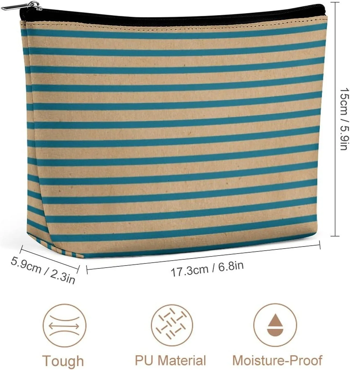 Small Cosmetic Bag, Dark Teal Blue Green Lines Faux Rustic Brown Makeup Bags Elegant Roomy Pouch for Women,Travel Toiletry Accessories Organizer