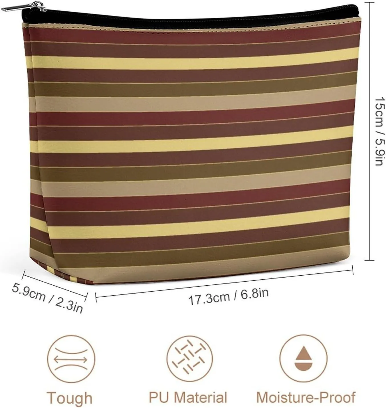 Small Cosmetic Bag, Elegant Classic Gold Brown Red Stripes Makeup Bags Elegant Roomy Pouch for Women,Travel Toiletry Accessories Organizer