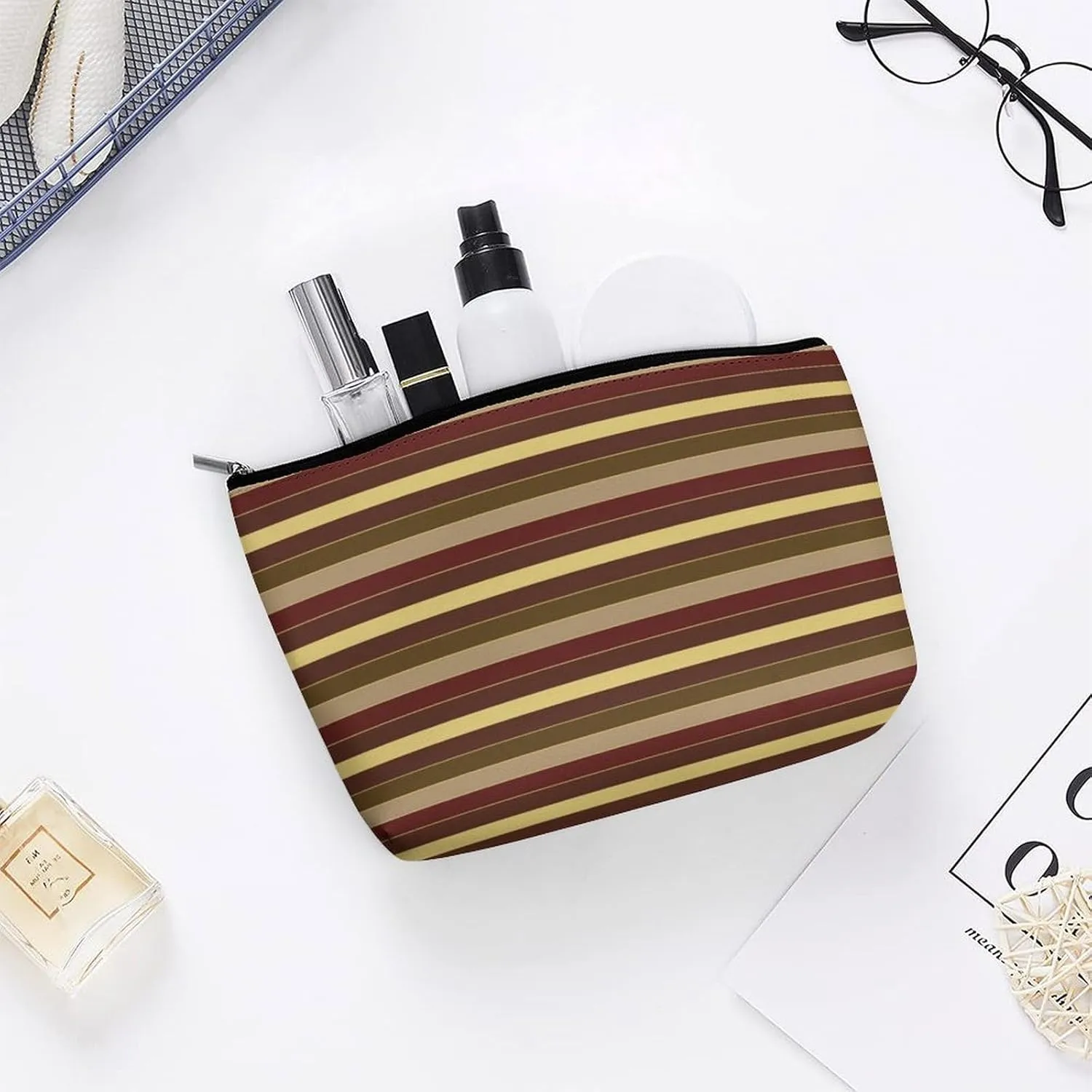 Small Cosmetic Bag, Elegant Classic Gold Brown Red Stripes Makeup Bags Elegant Roomy Pouch for Women,Travel Toiletry Accessories Organizer