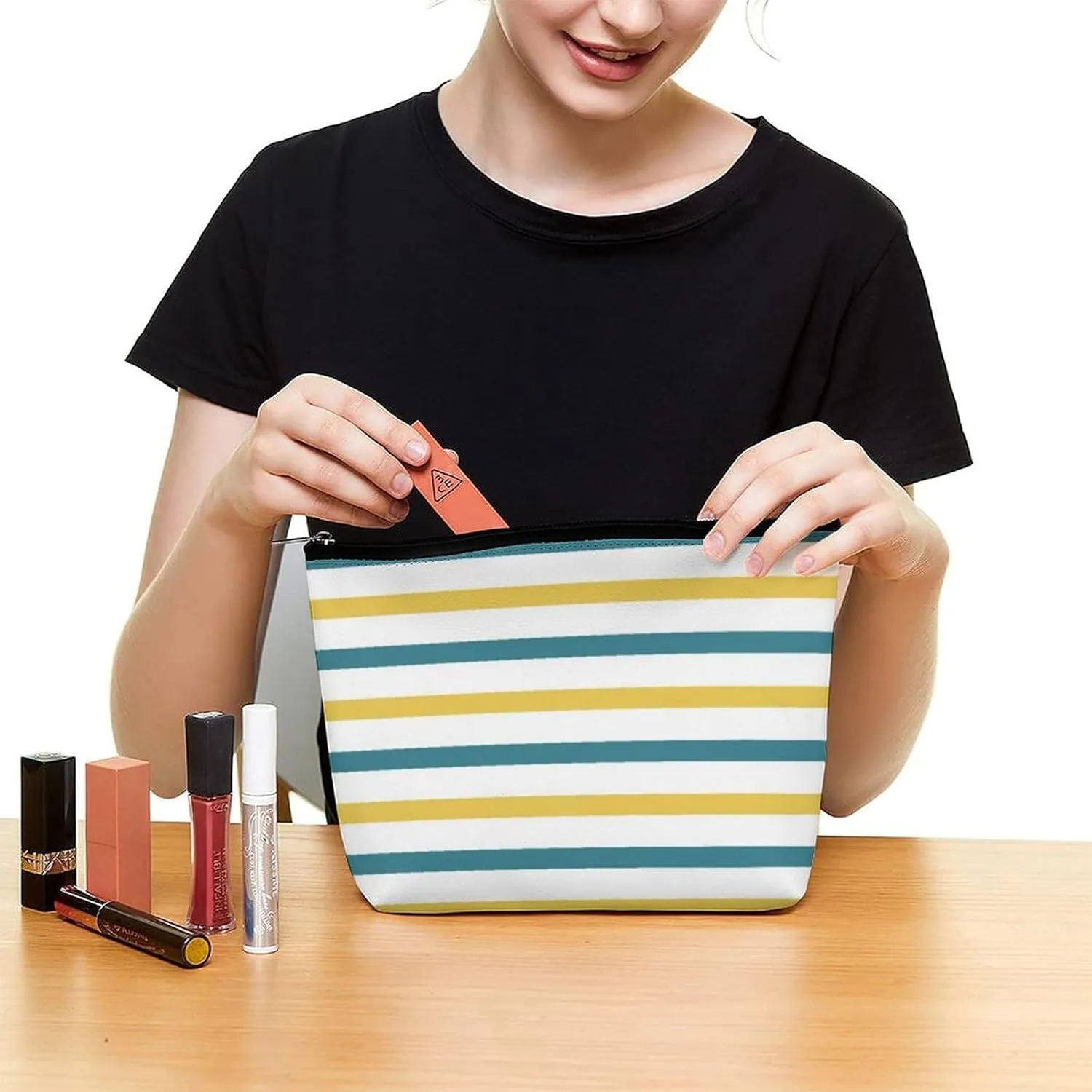 Small Cosmetic Bag, Gold and Teal Stripes Makeup Bags Elegant Roomy Pouch for Women,Travel Toiletry Accessories Organizer